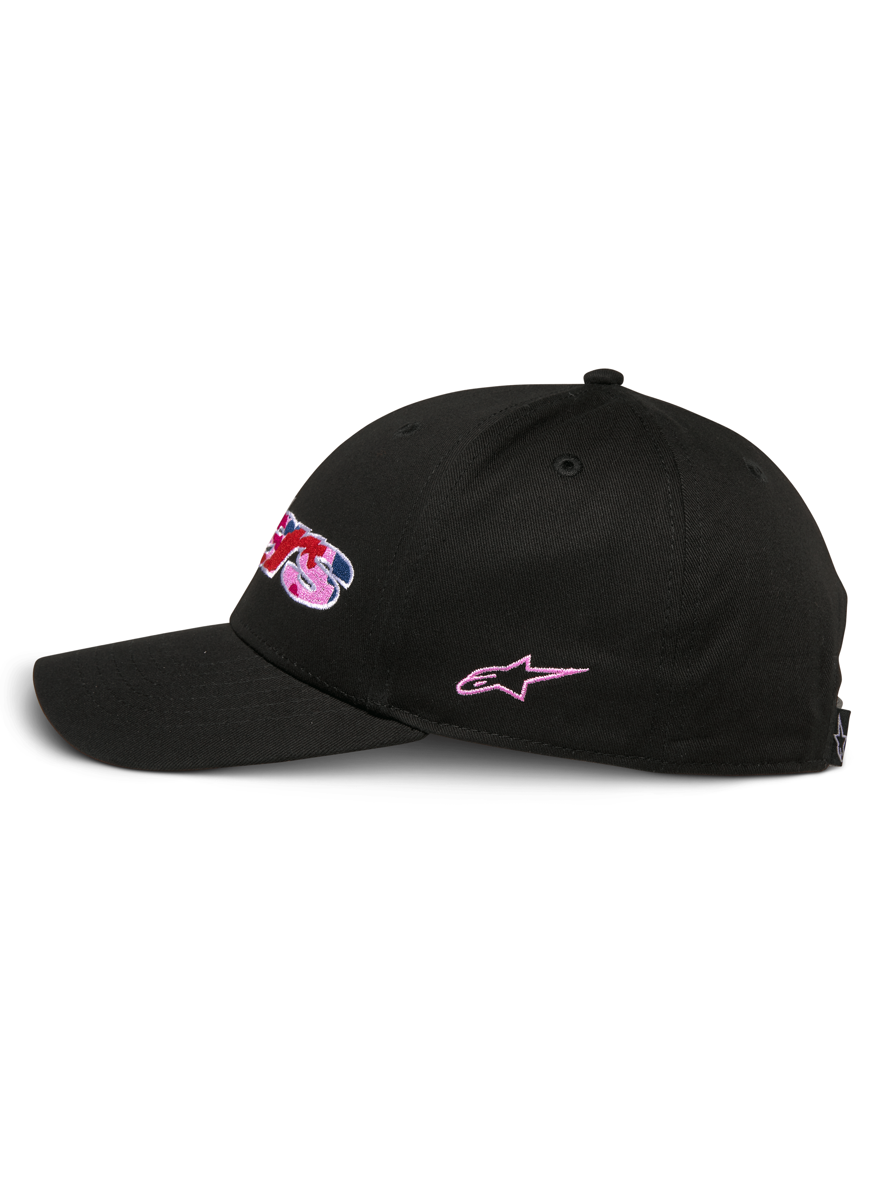 Alpinestars Canyon kasket, sort snapback kasket, profilvisning fra siden, struktureret krone med kurvet skygge, broderet logo på fronten med camo-fyld og lyserøde accenter, lyserødt stjernebroderi på siden, afslappet motorsport-stil