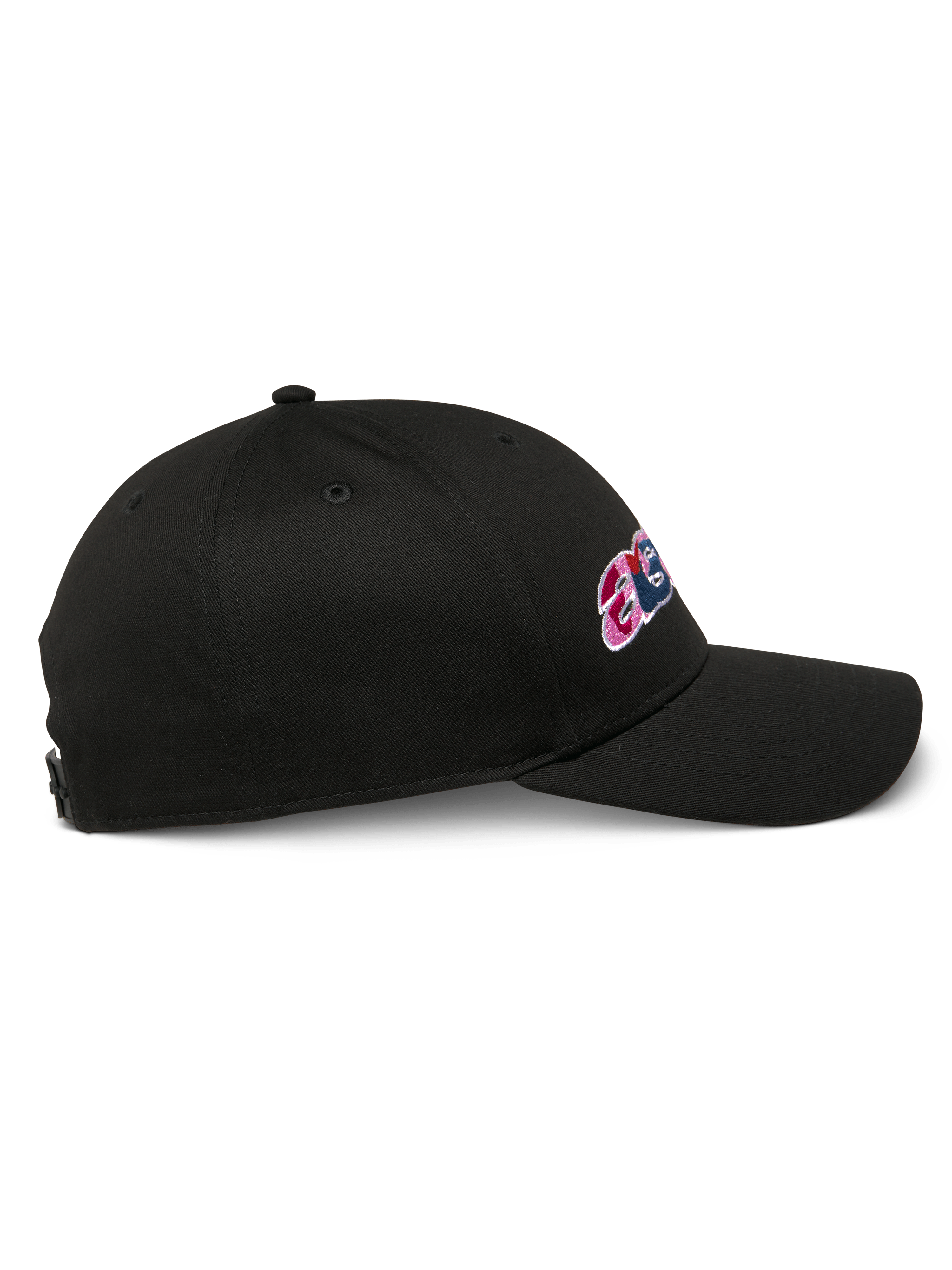 Alpinestars Canyon kasket, sort snapback kasket, set fra siden, kurvet skygge, med broderi på siden og struktureret krone, afslappet motorsport-hovedbeklædning