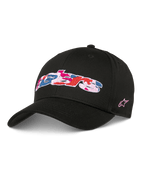 Alpinestars Canyon Hat, sort snapback baseballkasket, buet skygge og struktureret krone, broderet Astars-logo med pink, blåt og rødt camo-fyld, pink stjerne-logo på siden, casual streetwear i bomuldstwill
