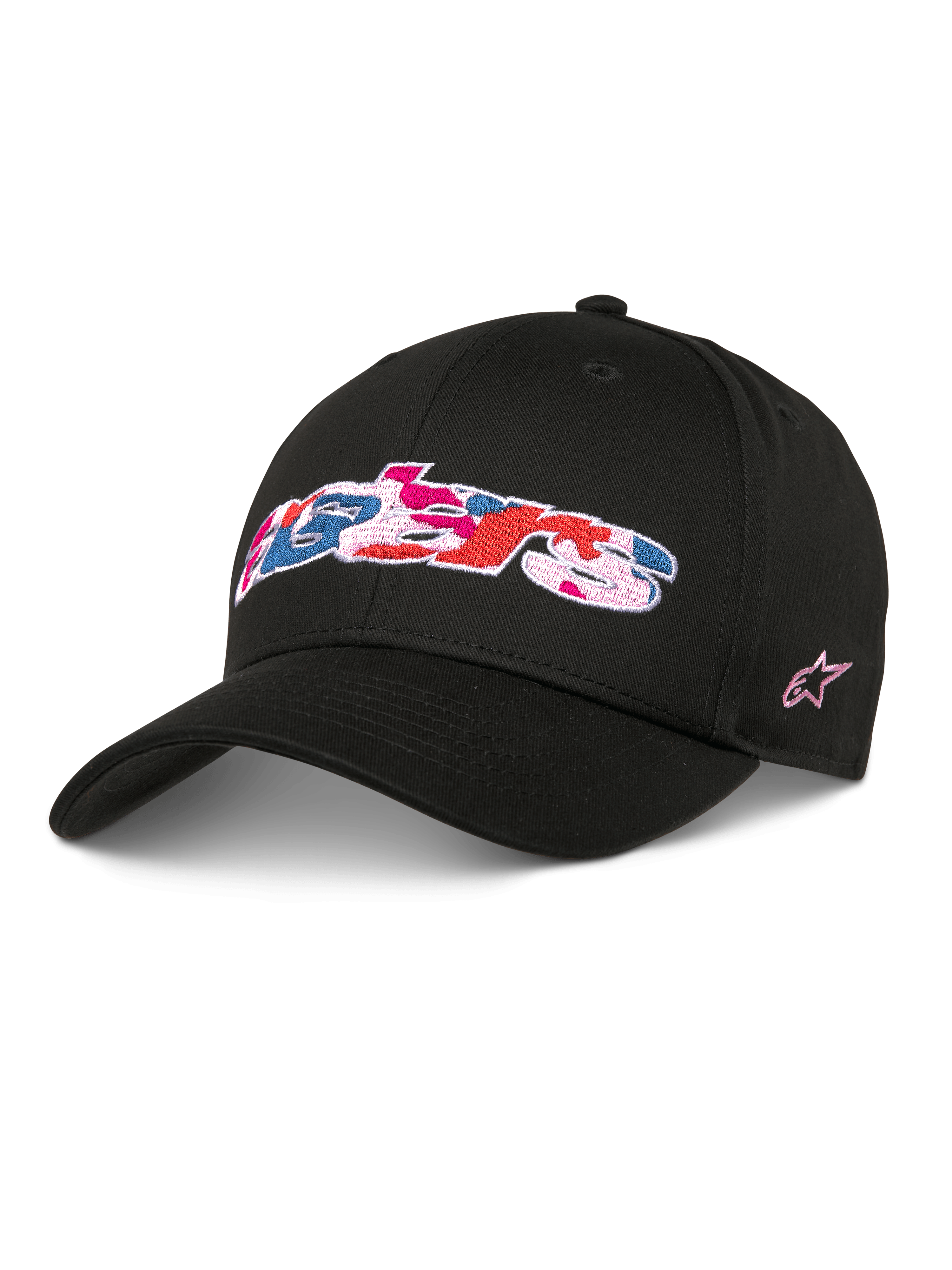 Alpinestars Canyon Hat, sort snapback baseballkasket, buet skygge og struktureret krone, broderet Astars-logo med pink, blåt og rødt camo-fyld, pink stjerne-logo på siden, casual streetwear i bomuldstwill