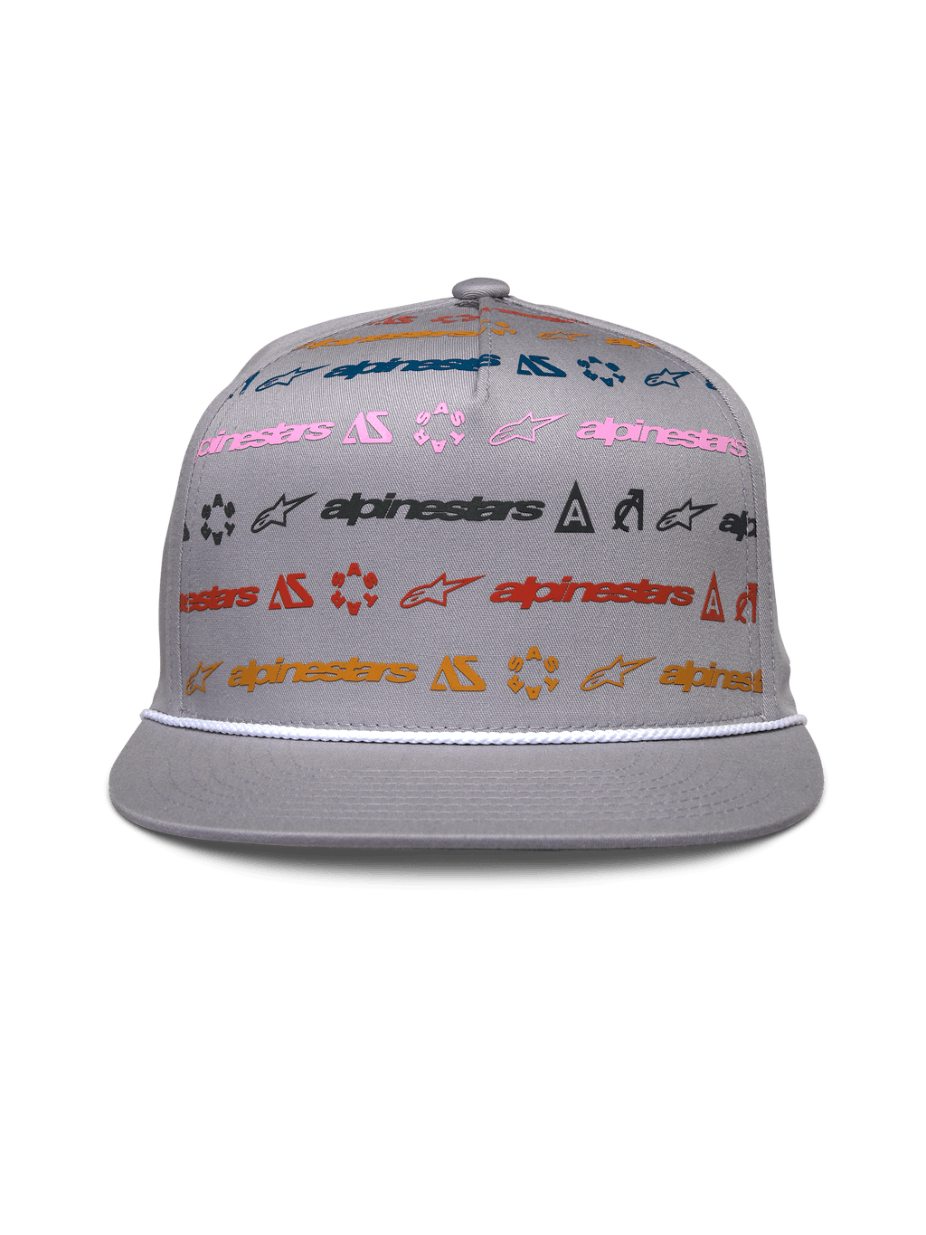 Alpinestars Glphy Hat, Gray flat-bill snapback, structured crown with multi-colored horizontal logo print, white rope trim at the bill, casual motorsport-inspired headwear