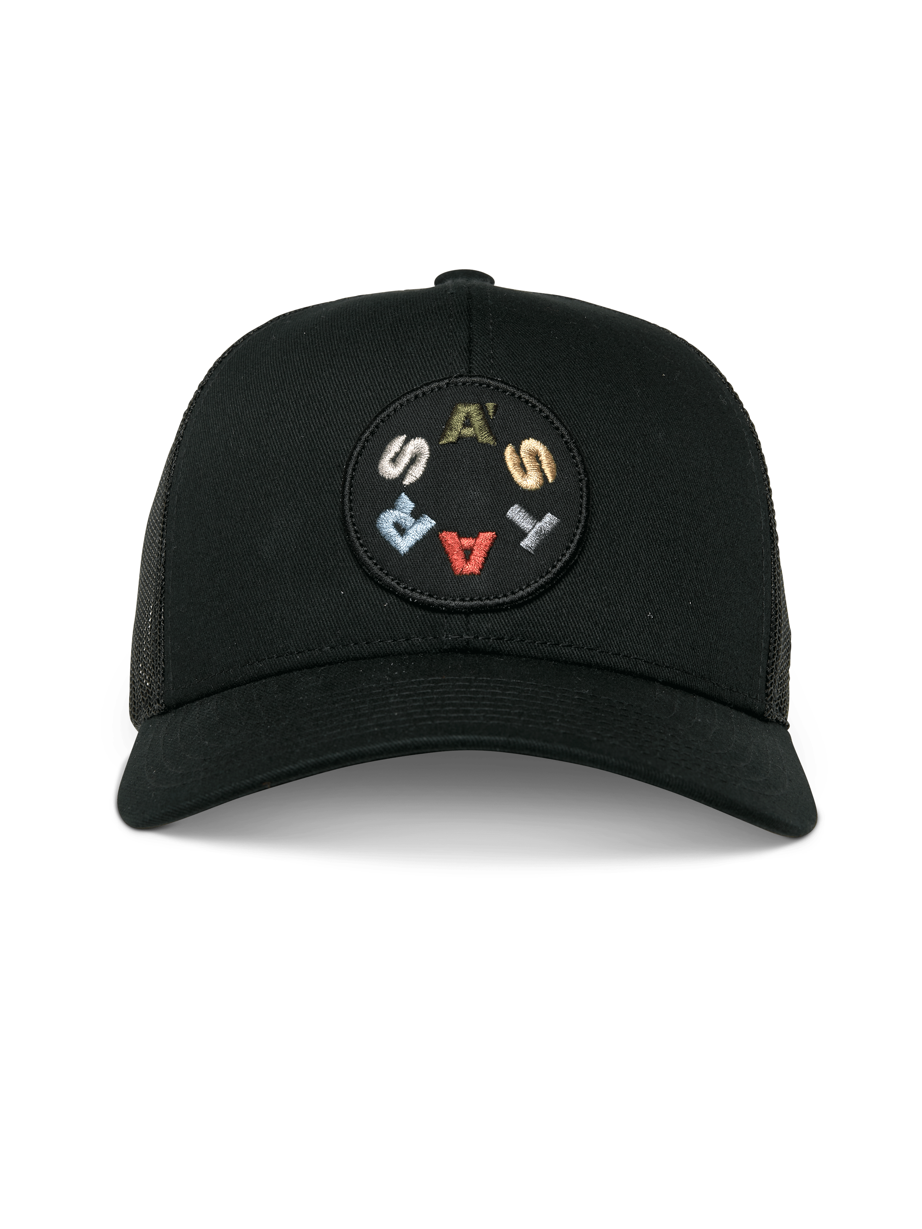 Alpinestars Gambit Trucker Hat, Black, front view featuring a circular embroidered patch with colorful ASTARS lettering, curved bill and mesh back, casual motorsport-inspired headwear