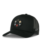 Alpinestars Gambit Trucker Hat, Black, featuring a circular front patch with colorful embroidered letters, breathable mesh back panels, curved brim, and a small white side logo, casual motorsport lifestyle headwear