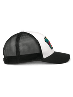 Alpinestars Hardware Trucker Hat, White and Black, side profile view, featuring a curved black bill, white twill front panel with a colorful embroidered patch, and breathable black mesh back, casual motorsport headwear