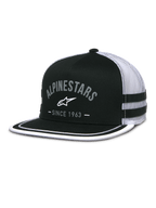 Alpinestars Backline Trucker Hat, black twill front and white mesh back, flat bill with white suttache trim on the edge, grey arched Alpinestars logo with Since 1963 text, side applique stripes, casual motorsport-inspired snapback cap