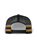Alpinestars Backline Trucker Hat, back view, black poly mesh back with mustard side stripes, adjustable black snapback closure, casual motorsport-inspired headwear