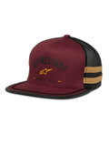 Alpinestars Backline Trucker Hat, Brick and Black Mesh Cap, Yellow Star Logo and 'Since 1963' Heritage Graphic, Structured Crown with Flat Bill, Mustard Yellow Side Stripes