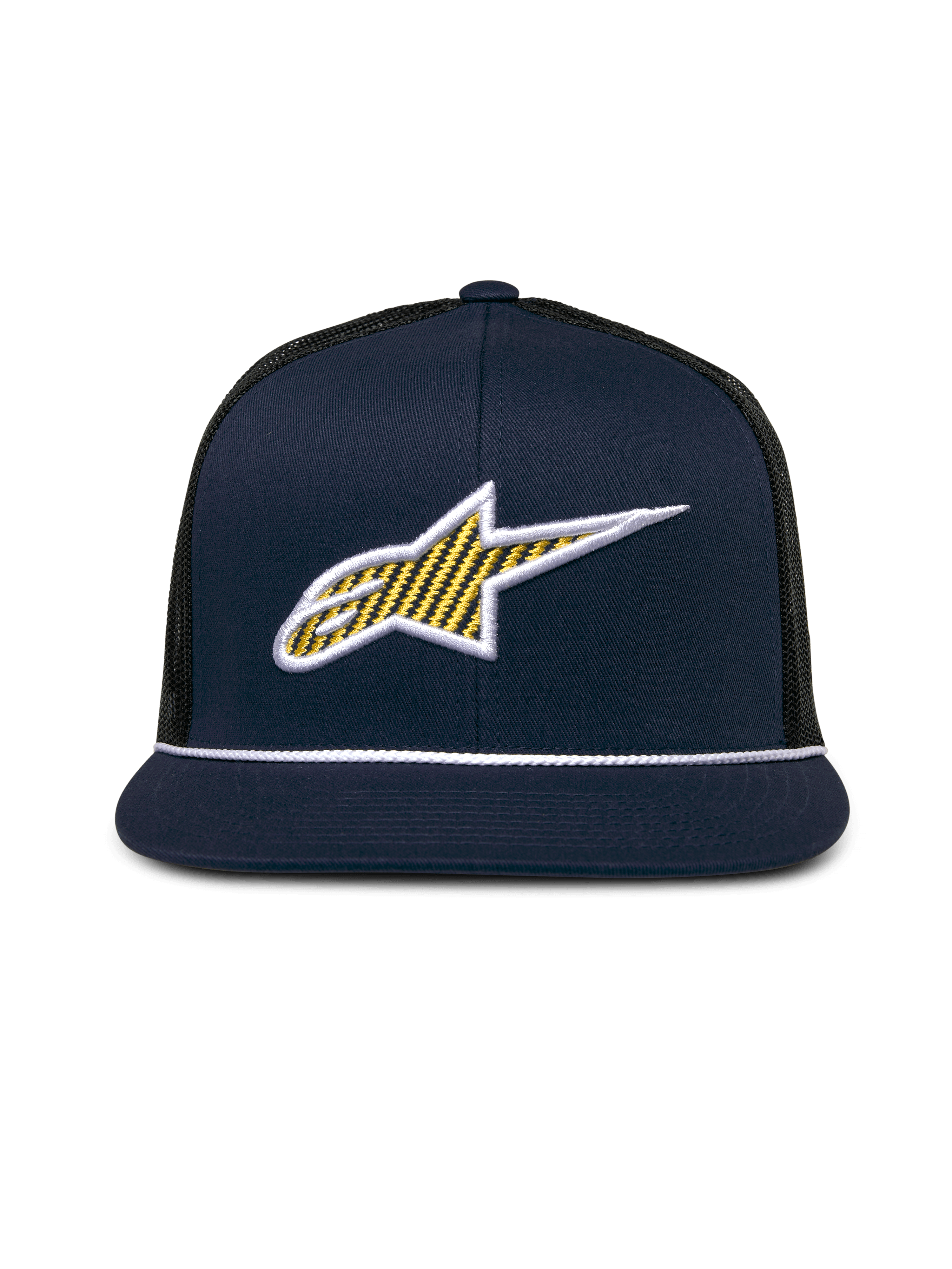 Alpinestars Orion Trucker Hat, Navy Blue and Black, Front 3D Ageless logo with yellow pattern fill and white border, flat bill with white rope trim, structured crown and black mesh back, casual motorsport headwear
