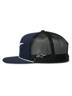 Alpinestars Orion Trucker Hat, Navy Blue and Black, side view, structured crown with flat bill and white rope trim, breathable black mesh back with white logo embroidery, casual motorsport-inspired headwear