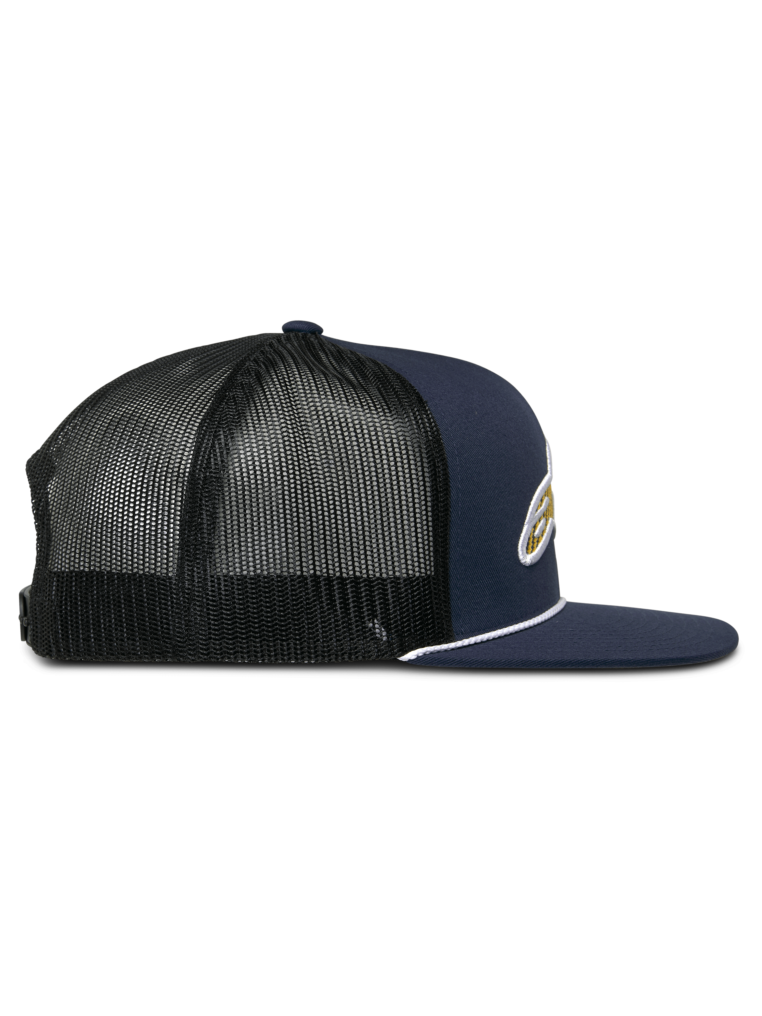 Alpinestars Orion Trucker Hat, side profile view, Navy Blue twill front with Black mesh back, flat bill featuring white rope trim, structured crown, casual motorsport headwear