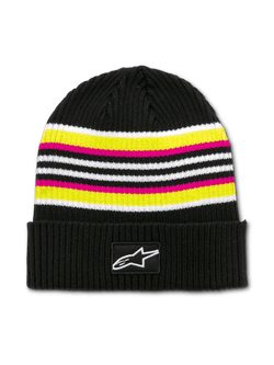 Alpinestars Bolted Cuff Beanie, Black Knitted Hat with White, Yellow, and Pink Stripes, Ribbed Texture, White Star Logo Patch on Cuff