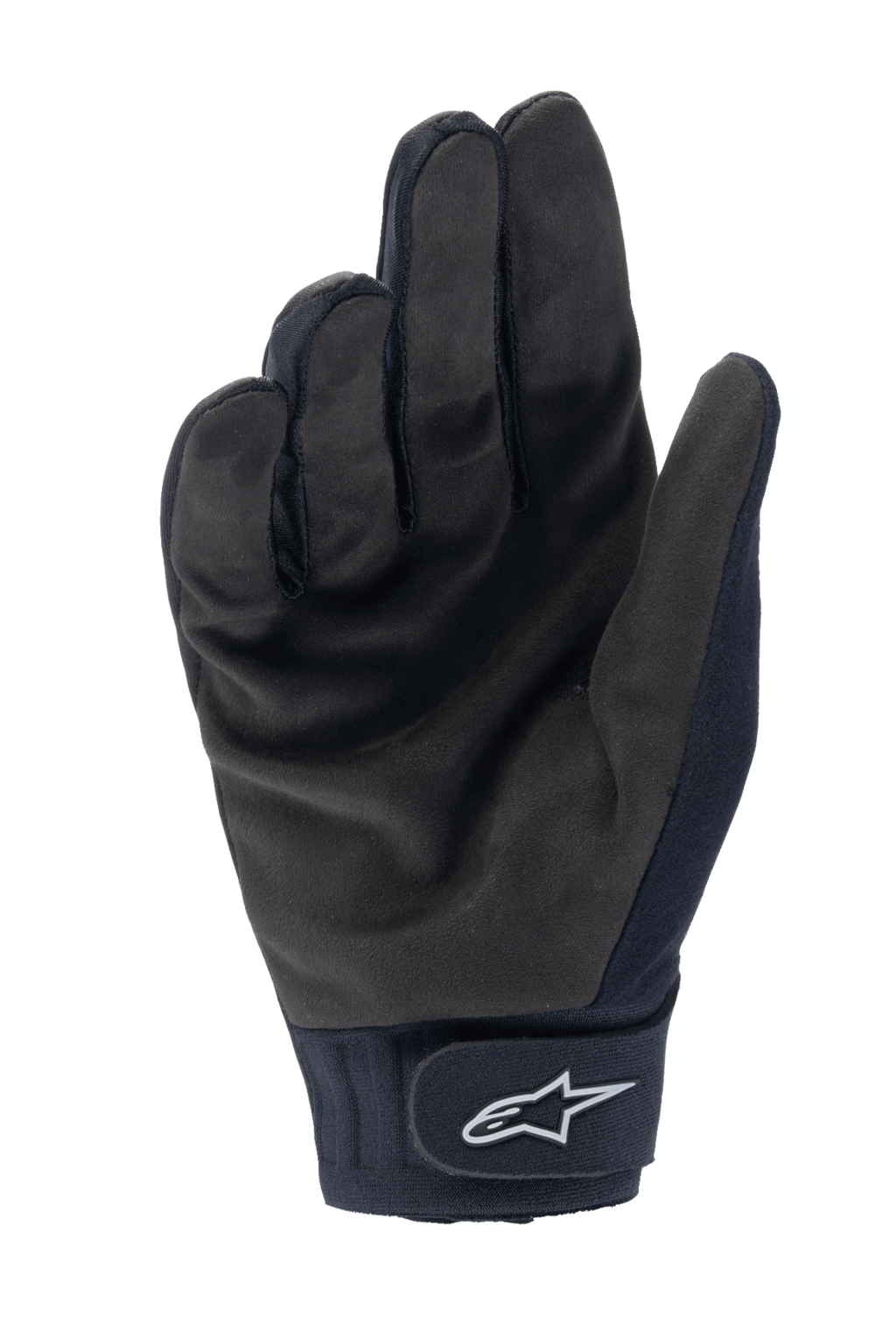 Alpinestars Stella A-Dura Thermal Handsker, cykelhandsker til kvinder, sort, set fra håndfladen med syntetisk ruskindstekstur, neoprenmanchet med krog-og-løkke-lukning og hvidt stjernelogo, MTB-udstyr til koldt vejr