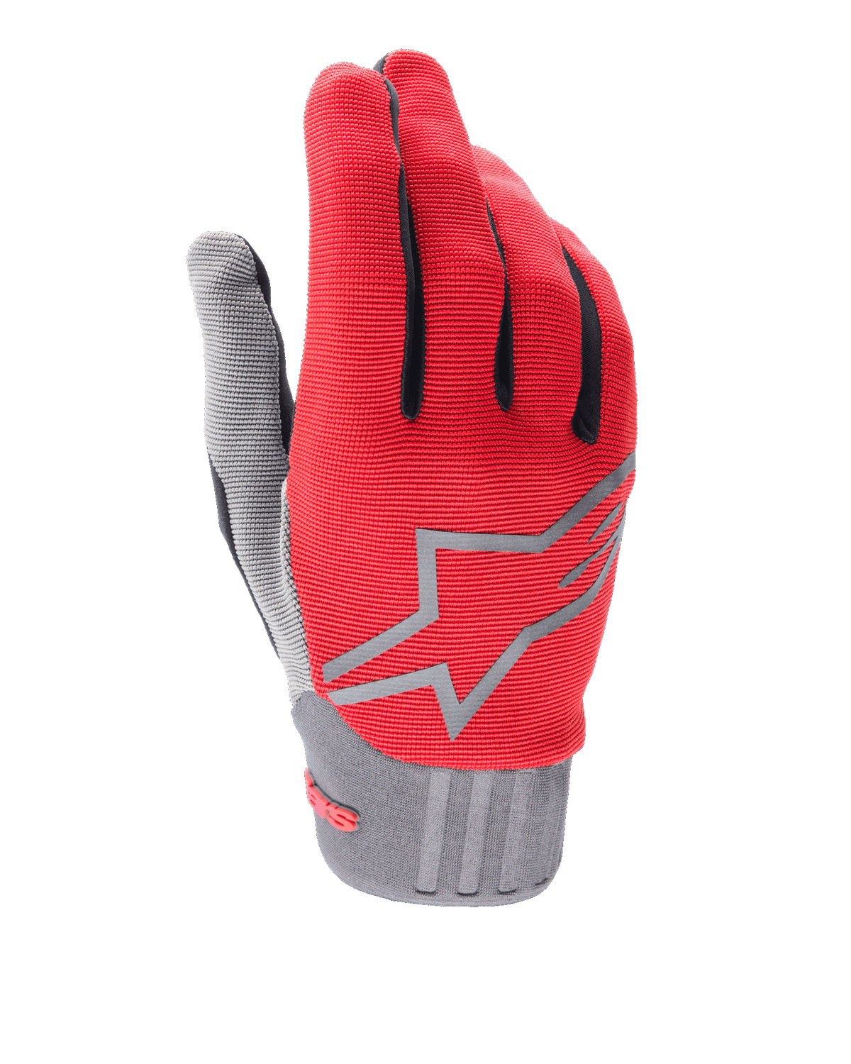 Alpinestars Youth A-Dura handsker, rød og grå, mountainbikehandsker til børn, gråt stjerne-logo på håndryggen, sorte detaljer på fingrene, tekstureret grå manchet, let syntetisk materiale til off-road cykling