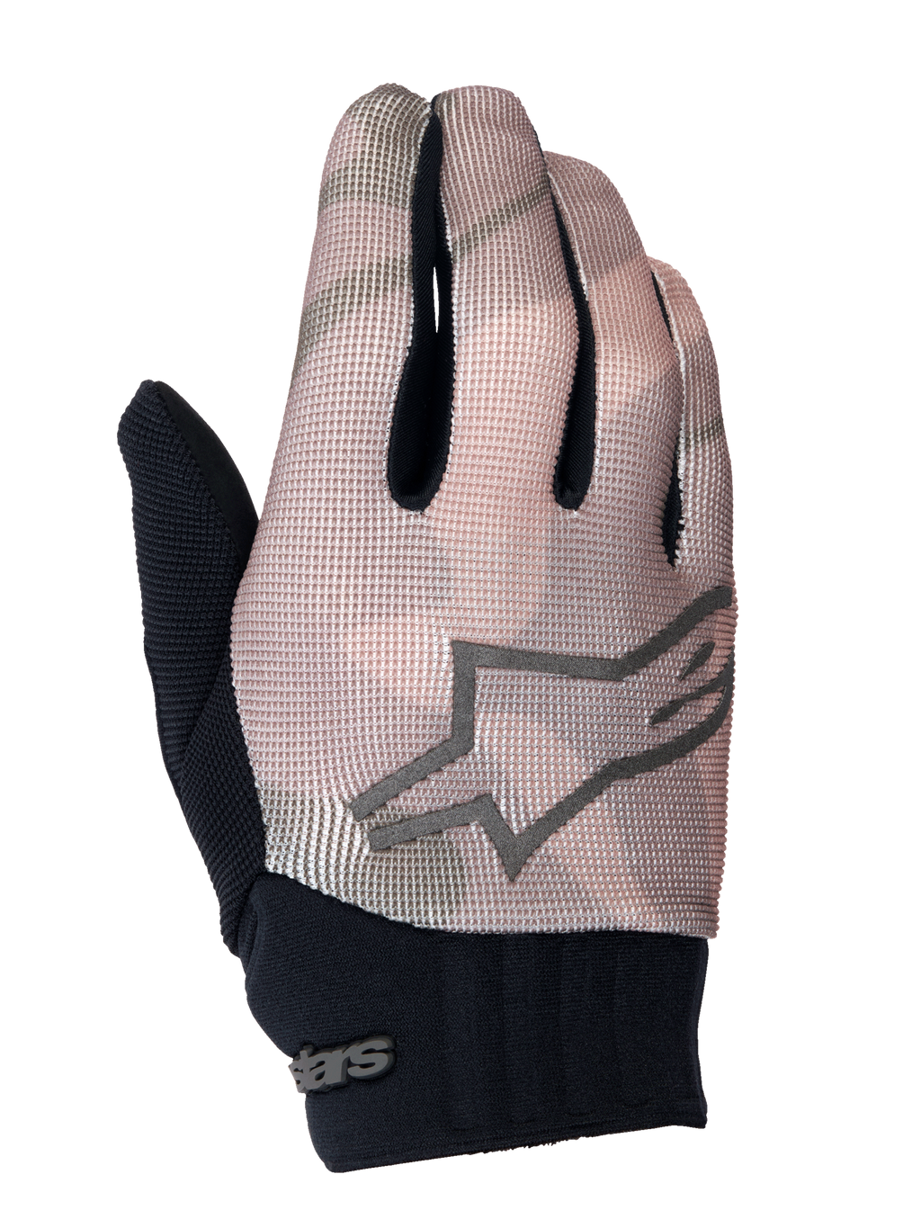 Alpinestars Youth A-Dura handsker, mountainbikehandsker, brun camo og sort, med et gråt stjerne-logo på håndryggen, sort neoprenmanchet og åndbar tekstiloverdel til unge ryttere