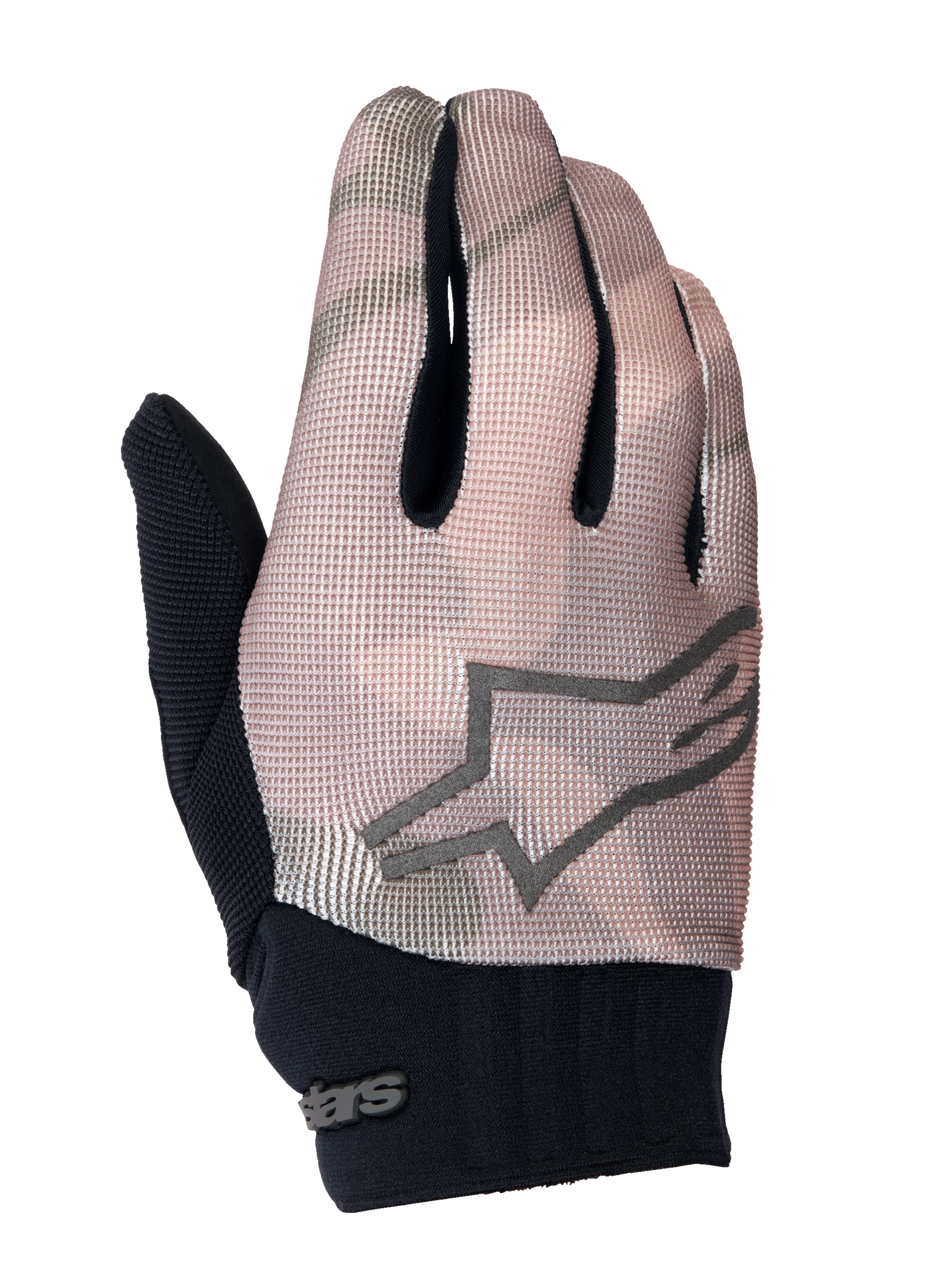 Alpinestars Youth A-Dura handsker, mountainbikehandsker, brun camo og sort, med et gråt stjerne-logo på håndryggen, sort neoprenmanchet og åndbar tekstiloverdel til unge ryttere