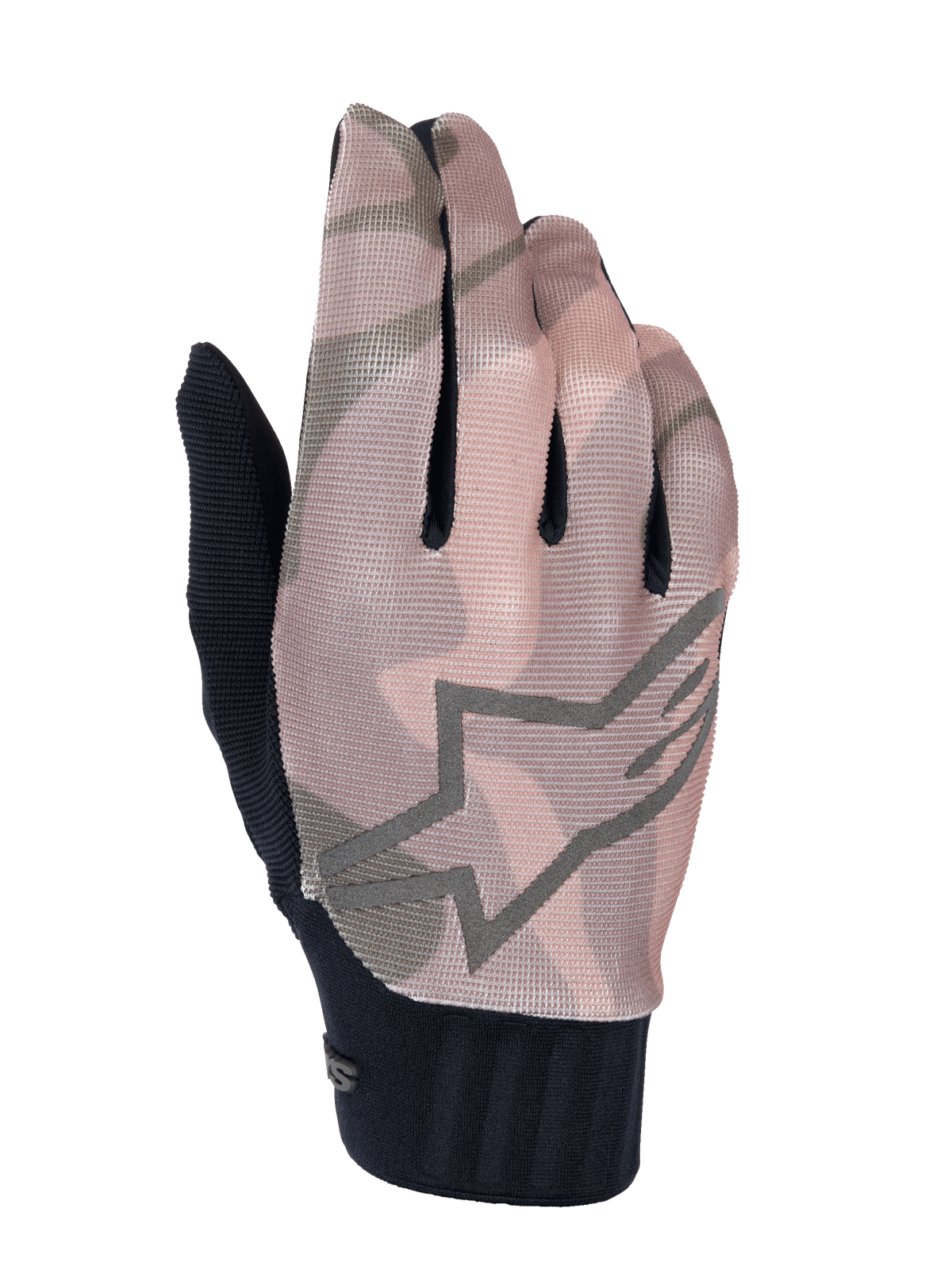 Alpinestars A-Dura Squad handsker, MTB-handsker, brunt og gråt camouflagemønster, med et stort stjernelogo-omrids på oversiden, tekstureret mesh-overdel og sort ribmanchet