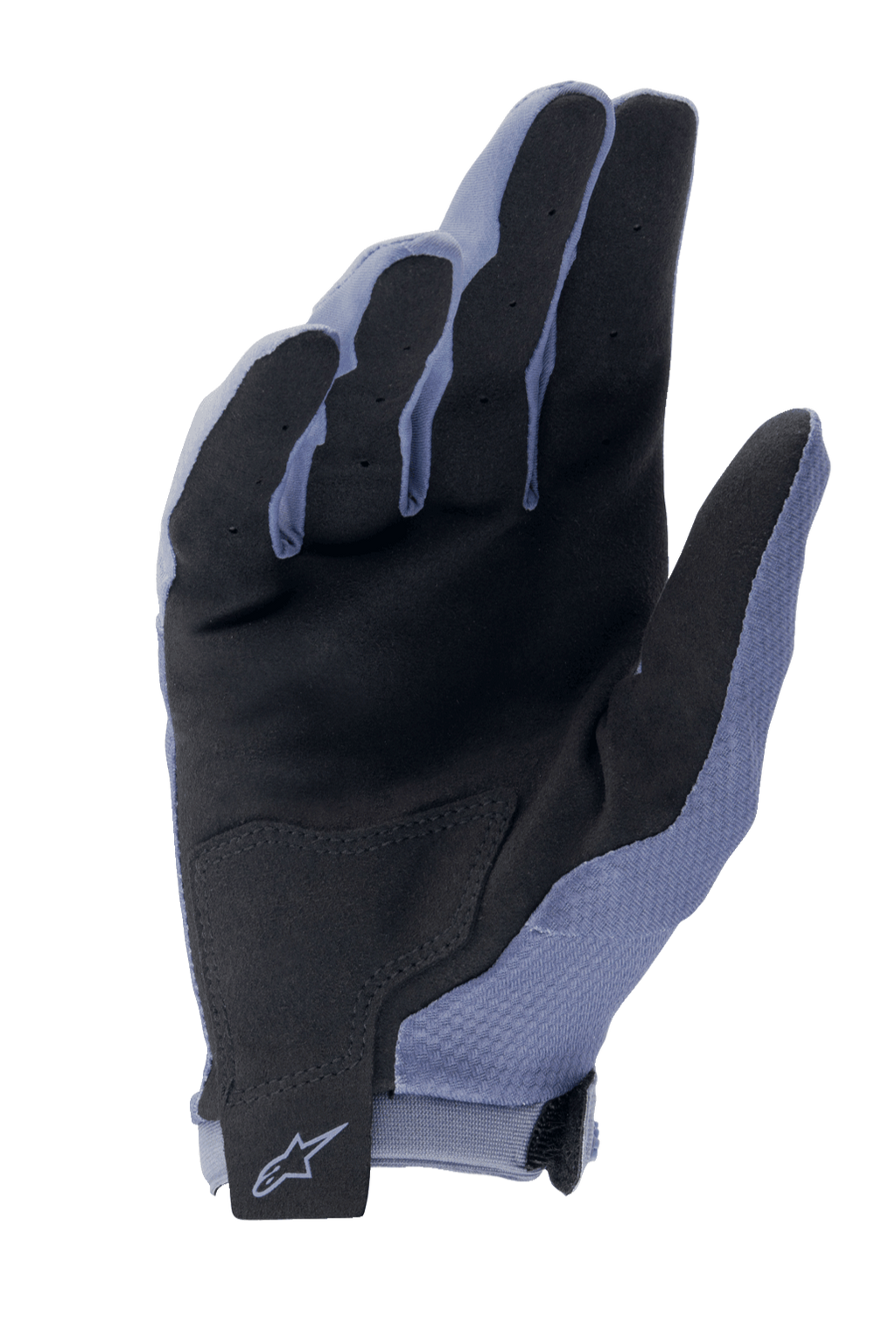 Alpinestars A-Aria handsker, MTB-handsker til cykling, Infinity Blue og sort, håndfladevisning med syntetisk ruskind for greb, forstærket håndfladepatch og krog og løkke håndledslukning med Alpinestars-logo