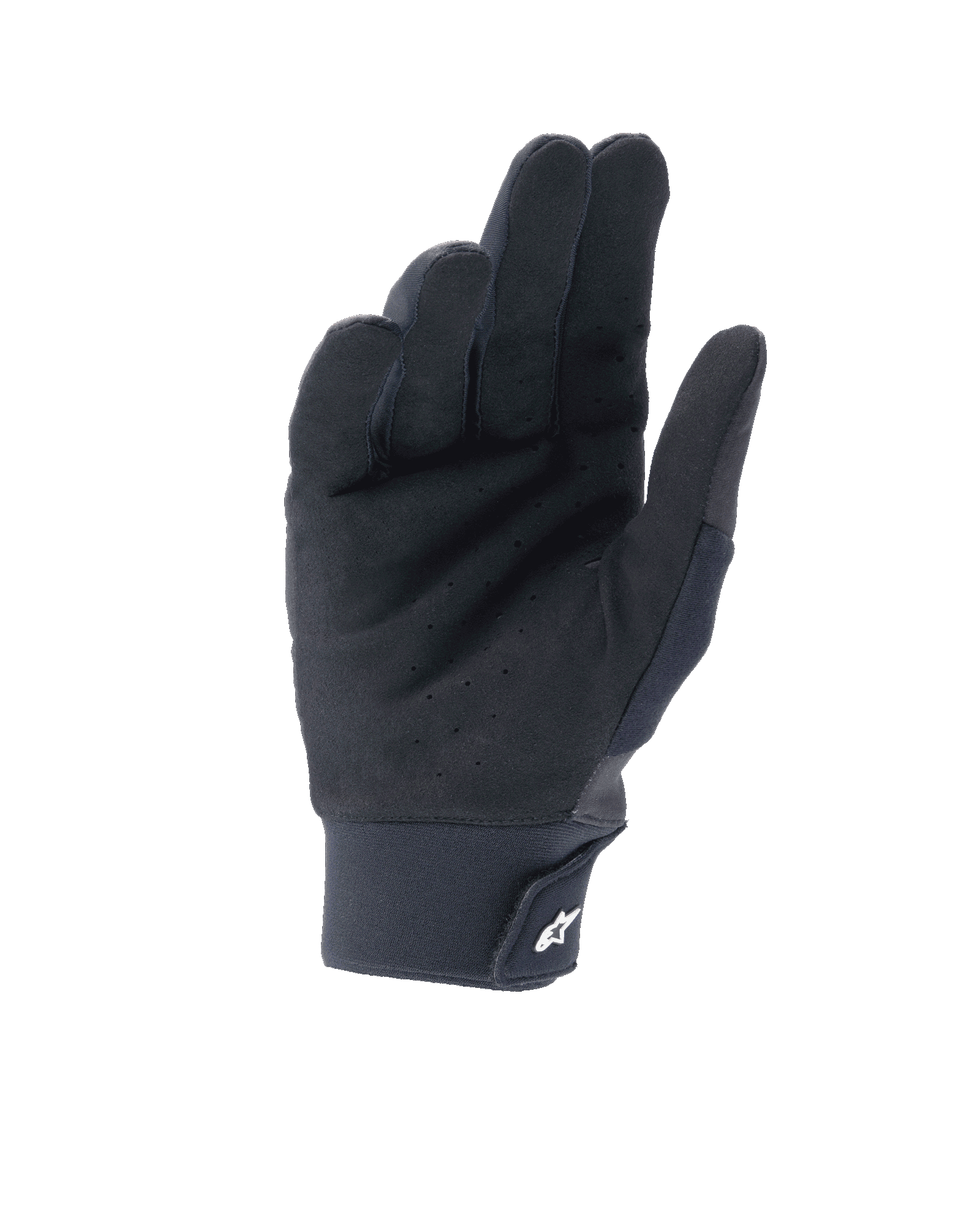 Alpinestars A-Supra Shield handsker, sort, håndfladevisning med perforeret syntetisk ruskind for ventilation, neoprenmanchet med krog og løkke-lukning og hvidt stjernelogo, teknisk udstyr til MTB- og gravity-kørsel