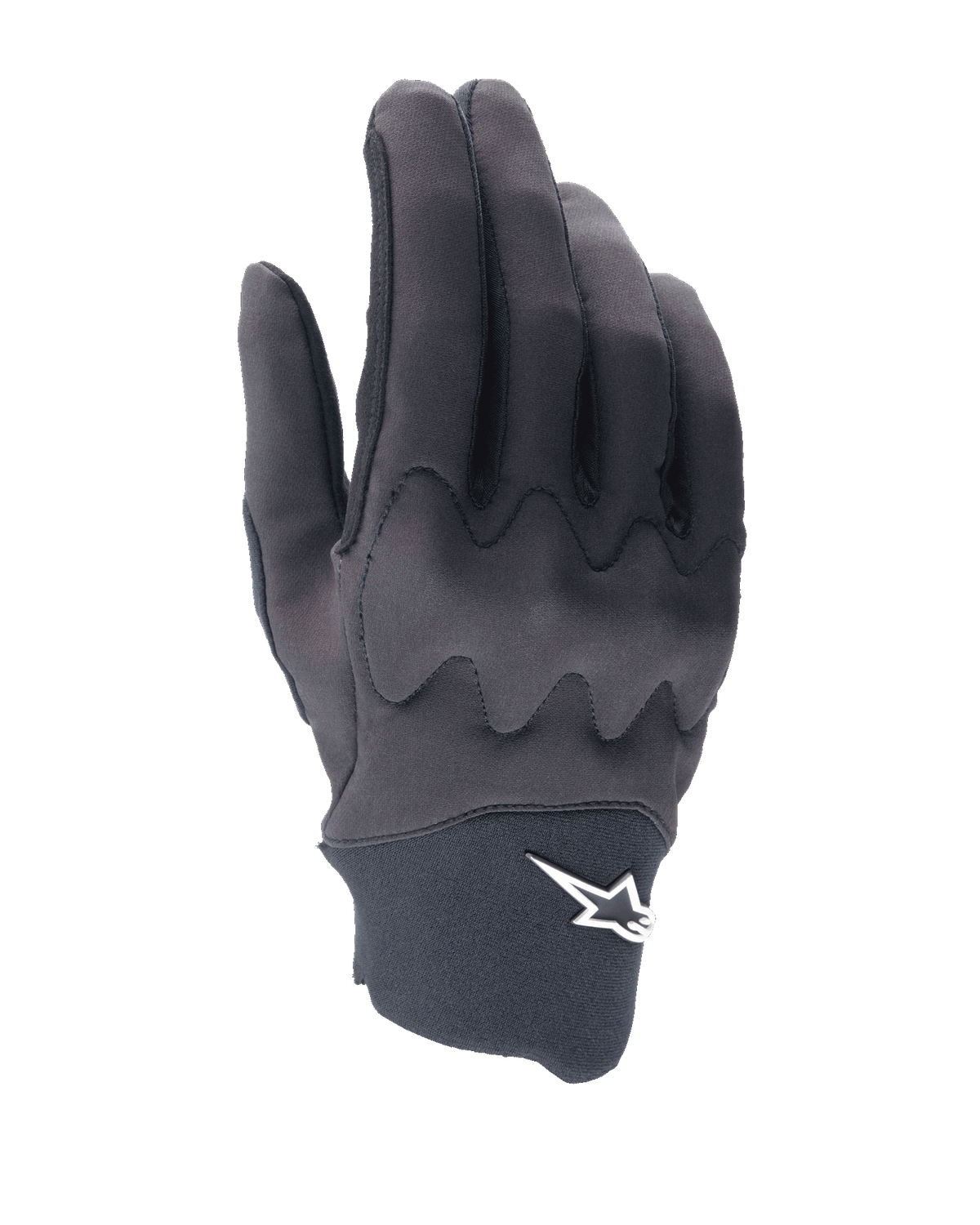 Alpinestars A-Supra Shield handsker, MTB-cykelhandsker, sort, strømlinet design med bølgeformet knoskjoldsmønster, hvidt stjernelogo på neoprenmanchetten, fleksibel og holdbar konstruktion