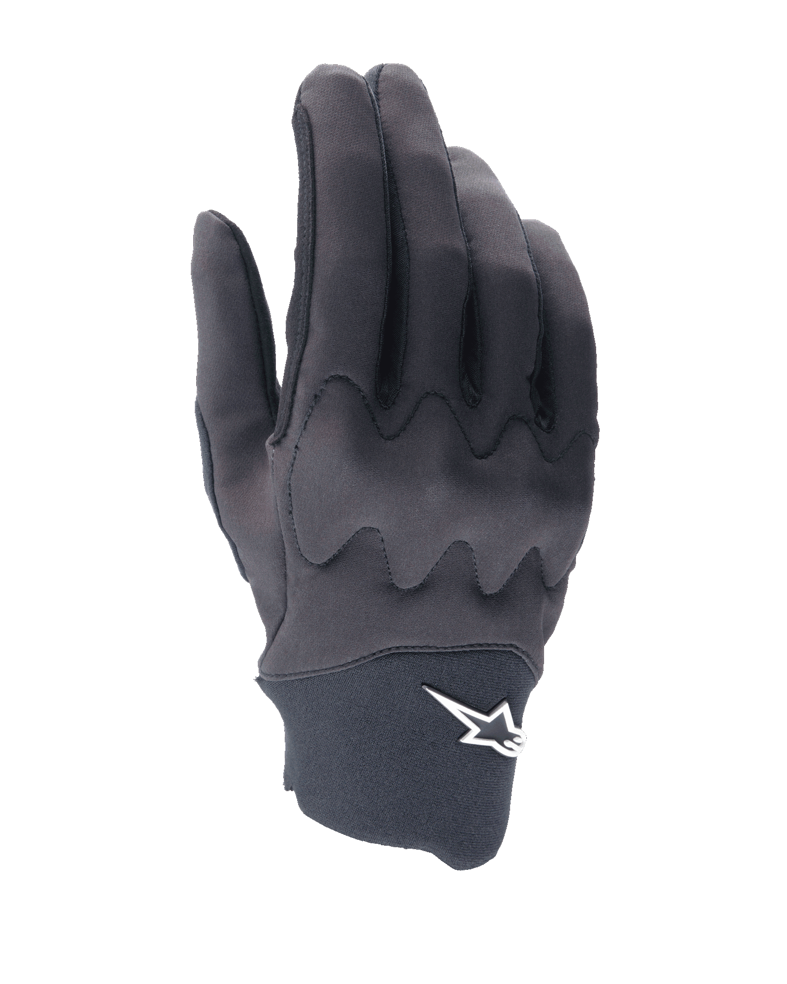 Alpinestars A-Supra Shield handsker, MTB-cykelhandsker, sort, strømlinet design med bølgeformet knoskjoldsmønster, hvidt stjernelogo på neoprenmanchetten, fleksibel og holdbar konstruktion