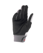 Alpinestars A-Supra Shield handsker, lysgrå mountainbike-handsker, set fra håndfladen med perforeret sort syntetisk ruskind til ventilation, grå neoprenmanchet med krog og løkke-lukning og rødt logo