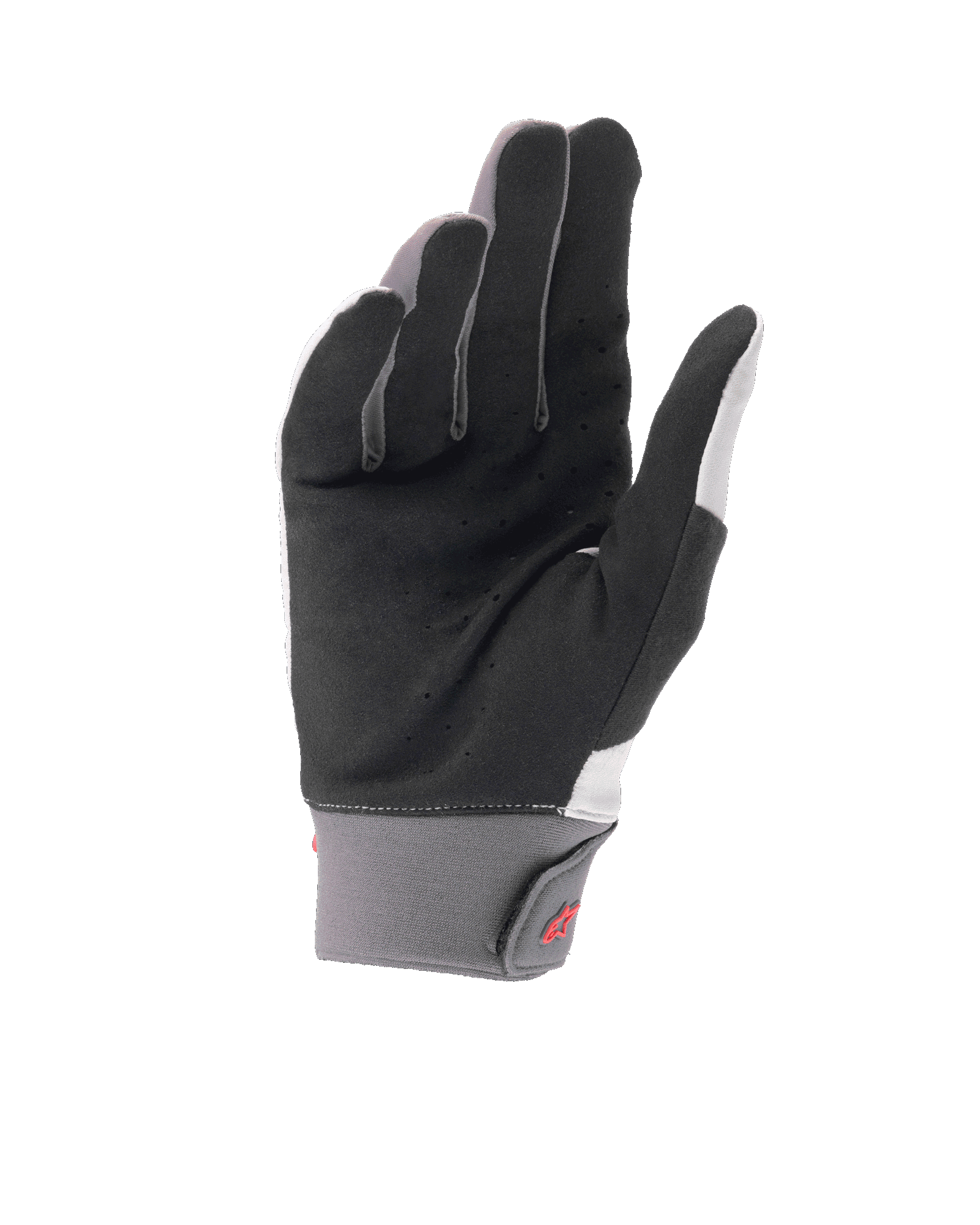 Alpinestars A-Supra Shield handsker, lysgrå mountainbike-handsker, set fra håndfladen med perforeret sort syntetisk ruskind til ventilation, grå neoprenmanchet med krog og løkke-lukning og rødt logo