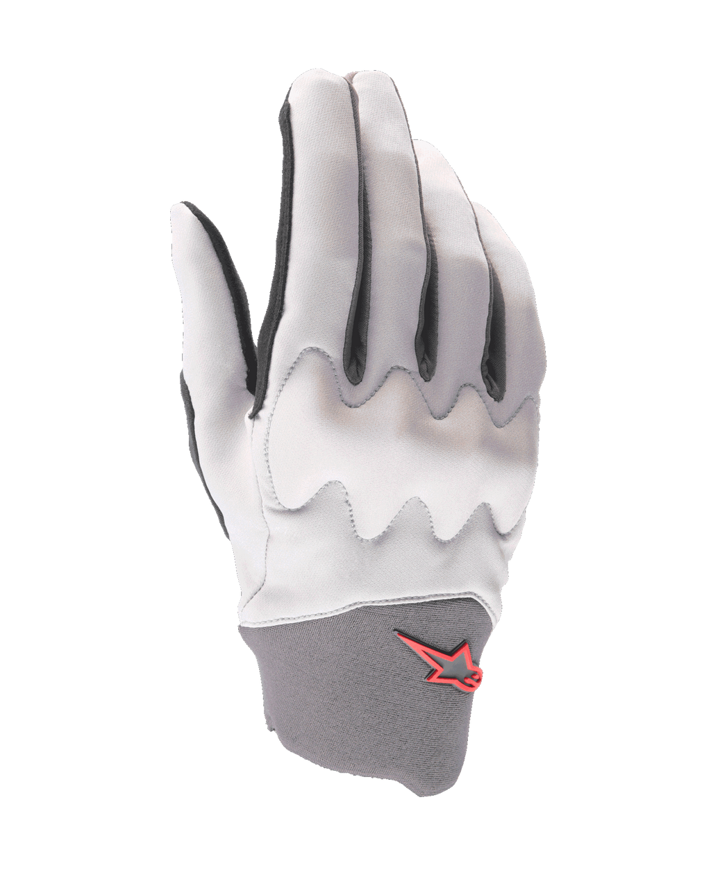 Alpinestars A-Supra Shield-handsker, mountainbike-handsker, lysegrå, med bølget knobeskyttelsesskjold, mørkegrå neoprenmanchet med rødt stjernelogo, ergonomisk design til gravity-cykling
