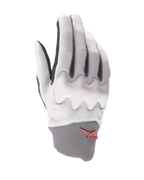 Alpinestars A-Supra Shield-handsker, mountainbike-handsker, lysegrå, med bølget knobeskyttelsesskjold, mørkegrå neoprenmanchet med rødt stjernelogo, ergonomisk design til gravity-cykling