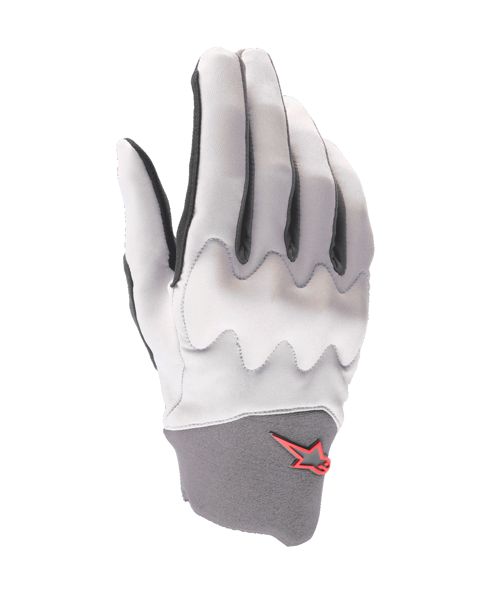 Alpinestars A-Supra Shield Gloves, Mountain Bike Gloves, Light Gray, featuring a wavy knuckle protection shield, dark gray neoprene cuff with red star logo, ergonomic design for gravity cycling