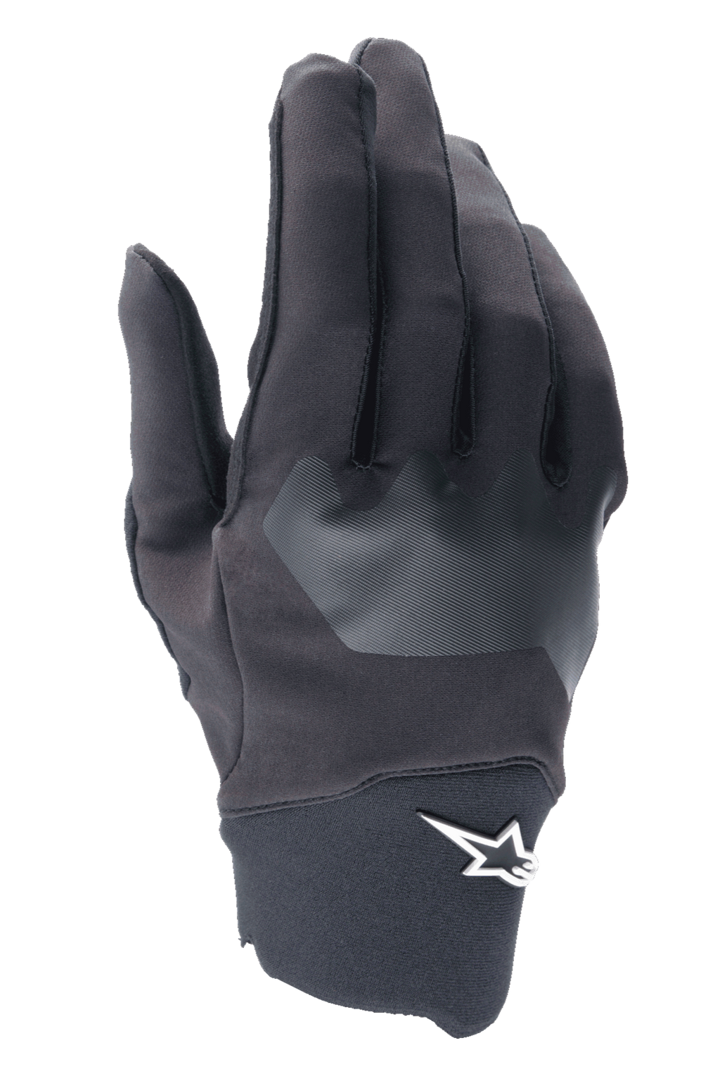 Alpinestars A-Supra handsker, MTB-cykelhandsker, sort med gråt tekstureret panel, hvidt stjernelogo på håndleddet, fleksibelt spandex-materiale til mountainbike og terrænkørsel