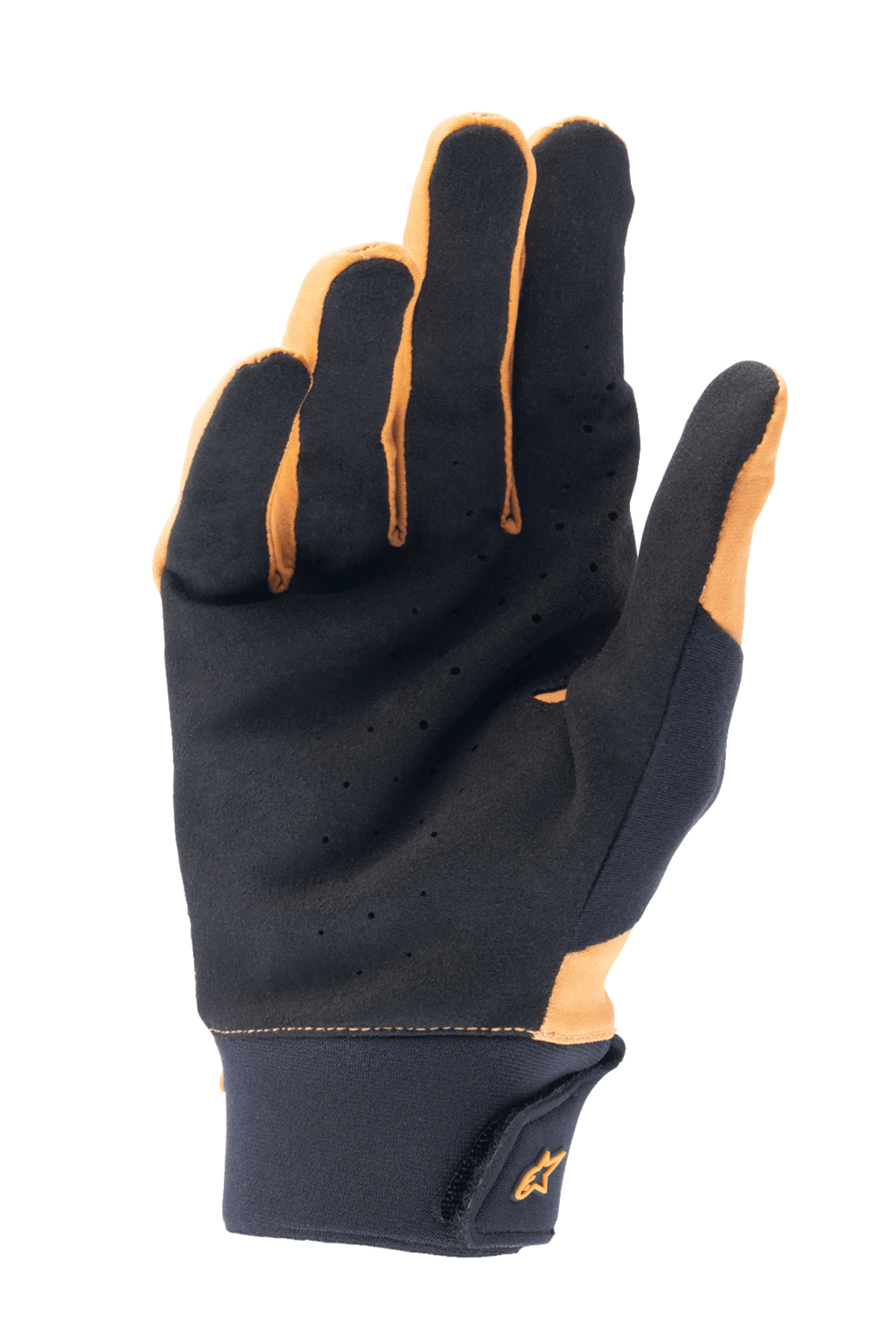 Alpinestars A-Supra handsker, mørk guld og sort, håndfladevisning der viser perforeret syntetisk ruskind for ventilation og greb, bred neoprenmanchet med krog og løkke-lukning og guldlogo, cykelhandsker til mountainbike