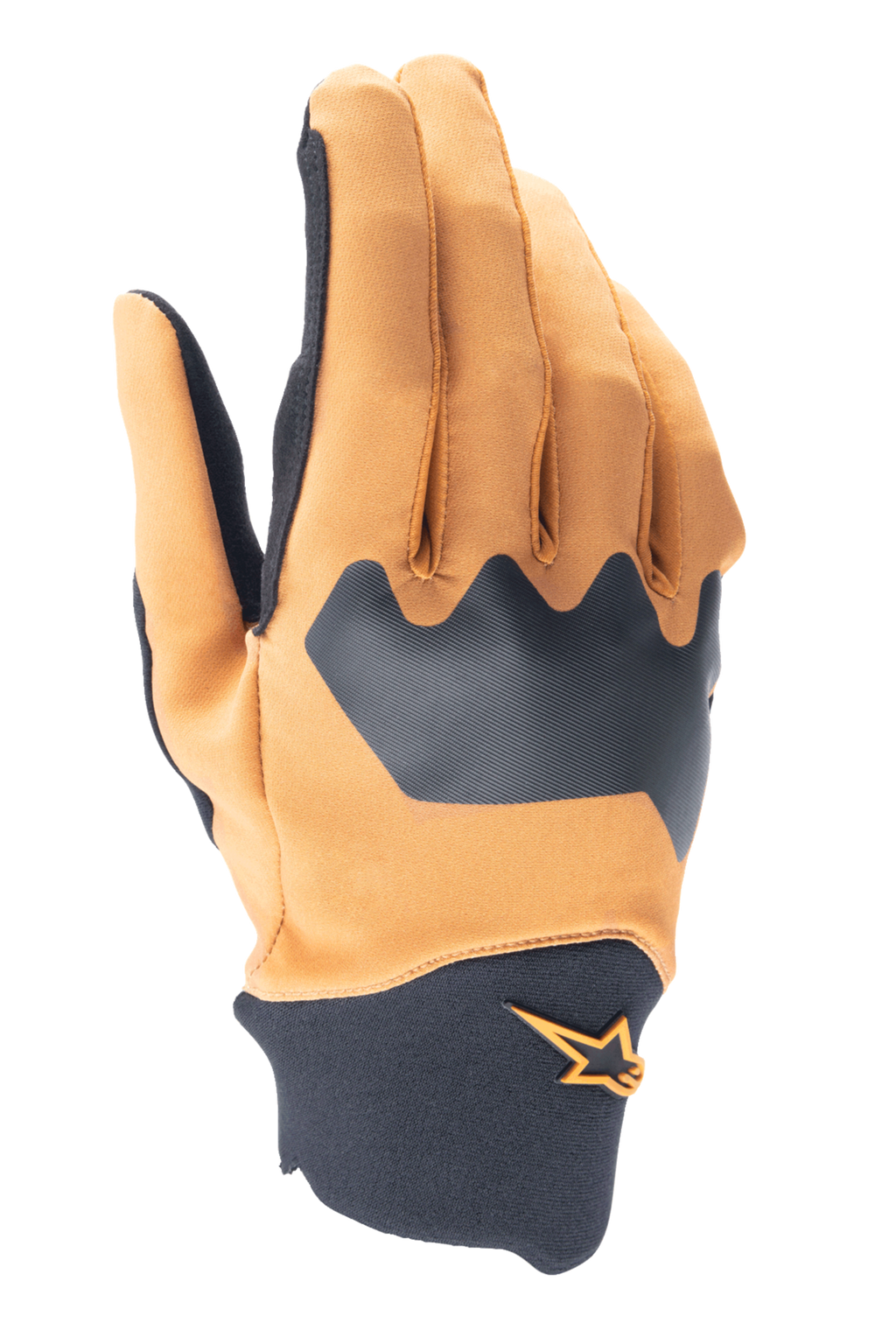 Alpinestars A-Supra handsker, mountainbike-handsker, mørk guld og sort, fleksibel spandex-overdel med neopren-manchet, med orange stjerne-logo, holdbart off-road cykeludstyr