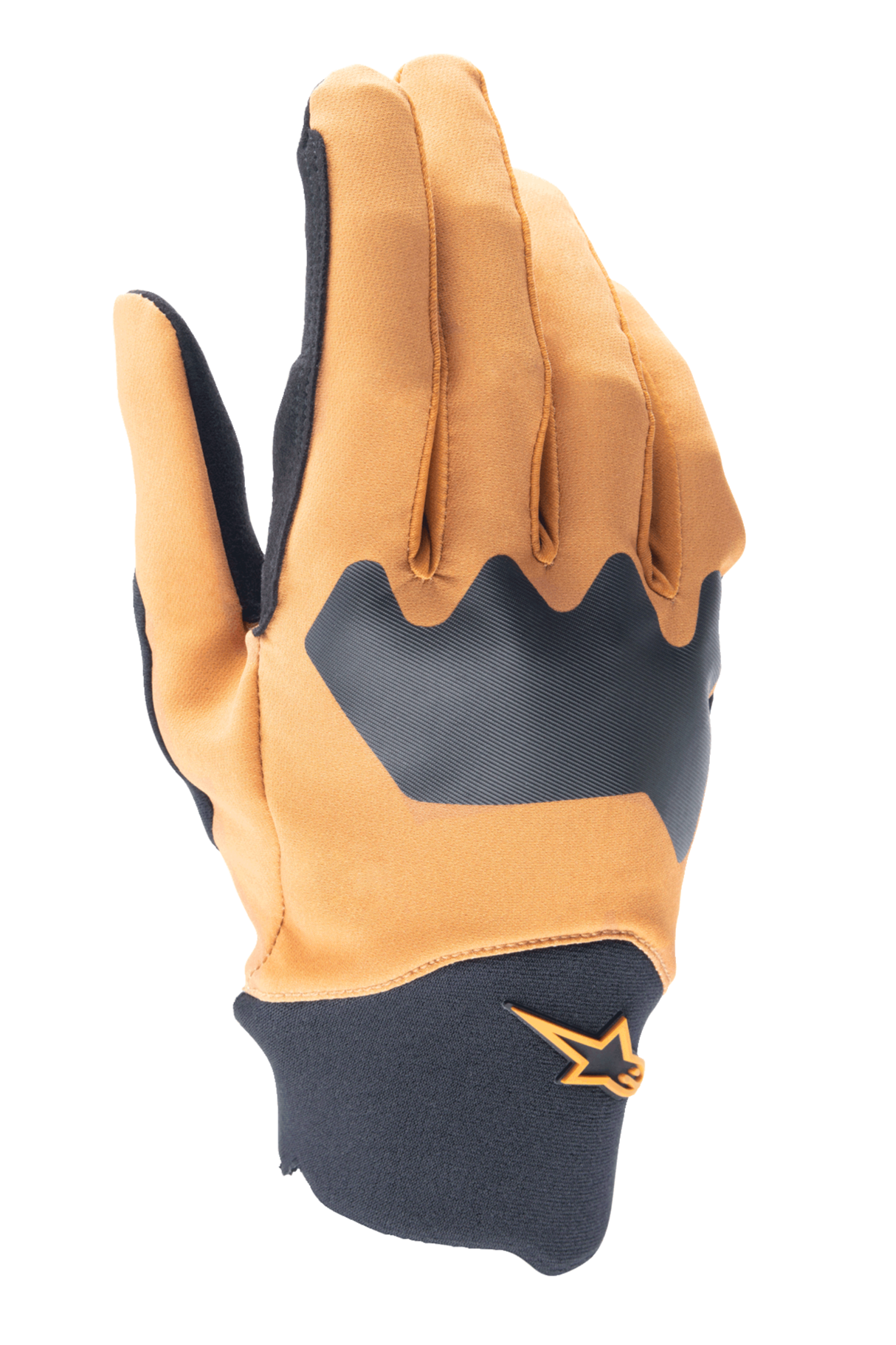 Alpinestars A-Supra handsker, mountainbike-handsker, mørk guld og sort, fleksibel spandex-overdel med neopren-manchet, med orange stjerne-logo, holdbart off-road cykeludstyr