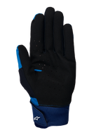Alpinestars A-Supra handsker, blå MTB-handsker, håndfladevisning med sort perforeret ruskindsmateriale, bred blå neoprenmanchet med krog og løkke-rem og hvidt Astars-logo
