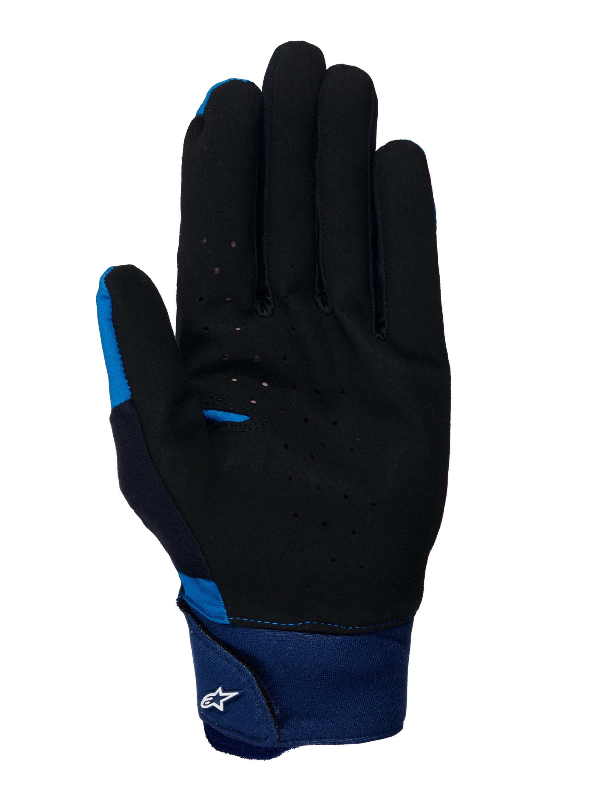 Alpinestars A-Supra handsker, blå MTB-handsker, håndfladevisning med sort perforeret ruskindsmateriale, bred blå neoprenmanchet med krog og løkke-rem og hvidt Astars-logo