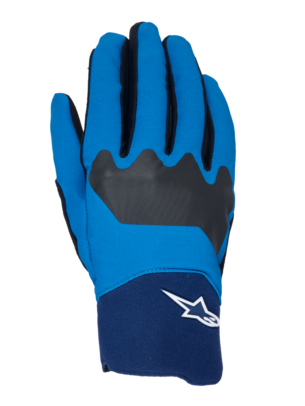 Alpinestars A-Supra handsker, MTB-cykelhandsker, blå og mørkeblå med sorte detaljer, hvidt Astars-logo på manchetten, fleksibel stofkonstruktion til off-road-performance