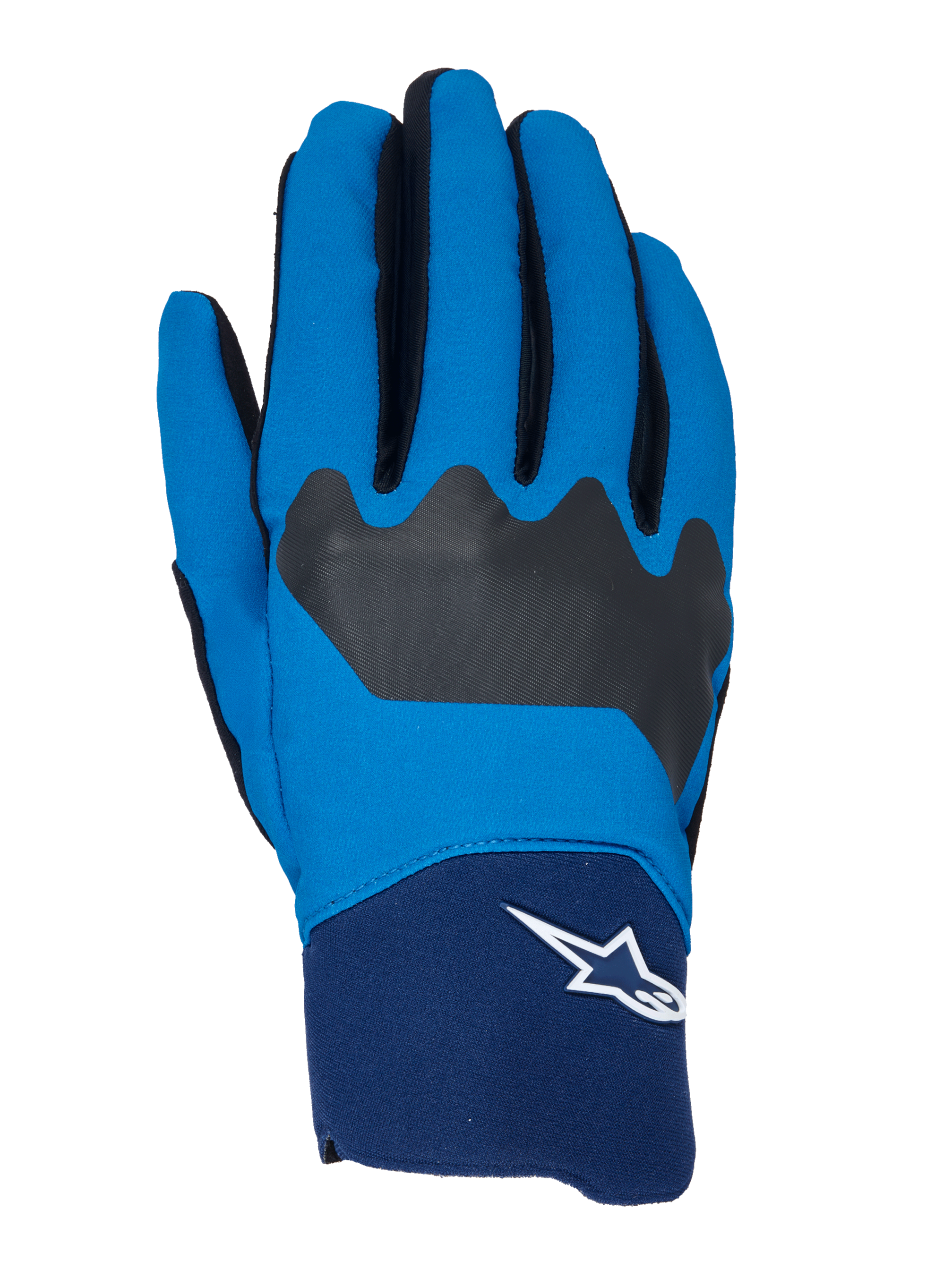 Alpinestars A-Supra handsker, MTB-cykelhandsker, blå og mørkeblå med sorte detaljer, hvidt Astars-logo på manchetten, fleksibel stofkonstruktion til off-road-performance
