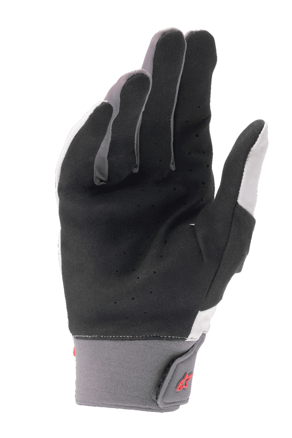 Alpinestars A-Supra handsker, mountainbikehandsker, lysegrå og sort, med perforeret syntetisk ruskindshåndflade, neoprenmanchet med krog og løkke håndledslukning, rød logodetalje, designet til højtydende cykling