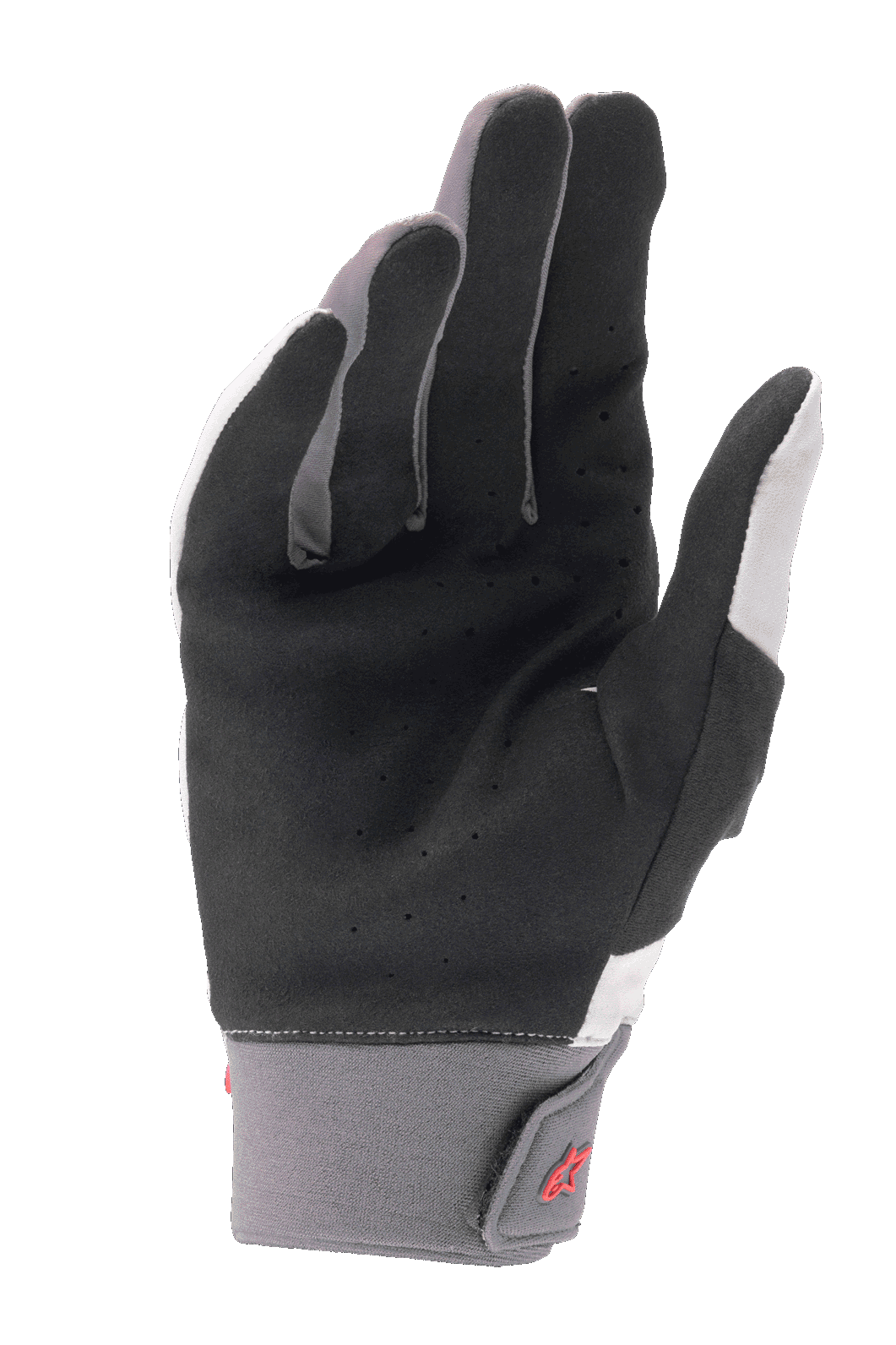 Alpinestars A-Supra handsker, mountainbikehandsker, lysegrå og sort, med perforeret syntetisk ruskindshåndflade, neoprenmanchet med krog og løkke håndledslukning, rød logodetalje, designet til højtydende cykling