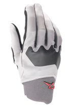 Alpinestars A-Supra handsker, mountainbikehandsker, lysegrå og sort, tekstureret knopanel, lille rødt stjernelogo på neoprenmanchetten, fleksibel spandex-konstruktion til cykling
