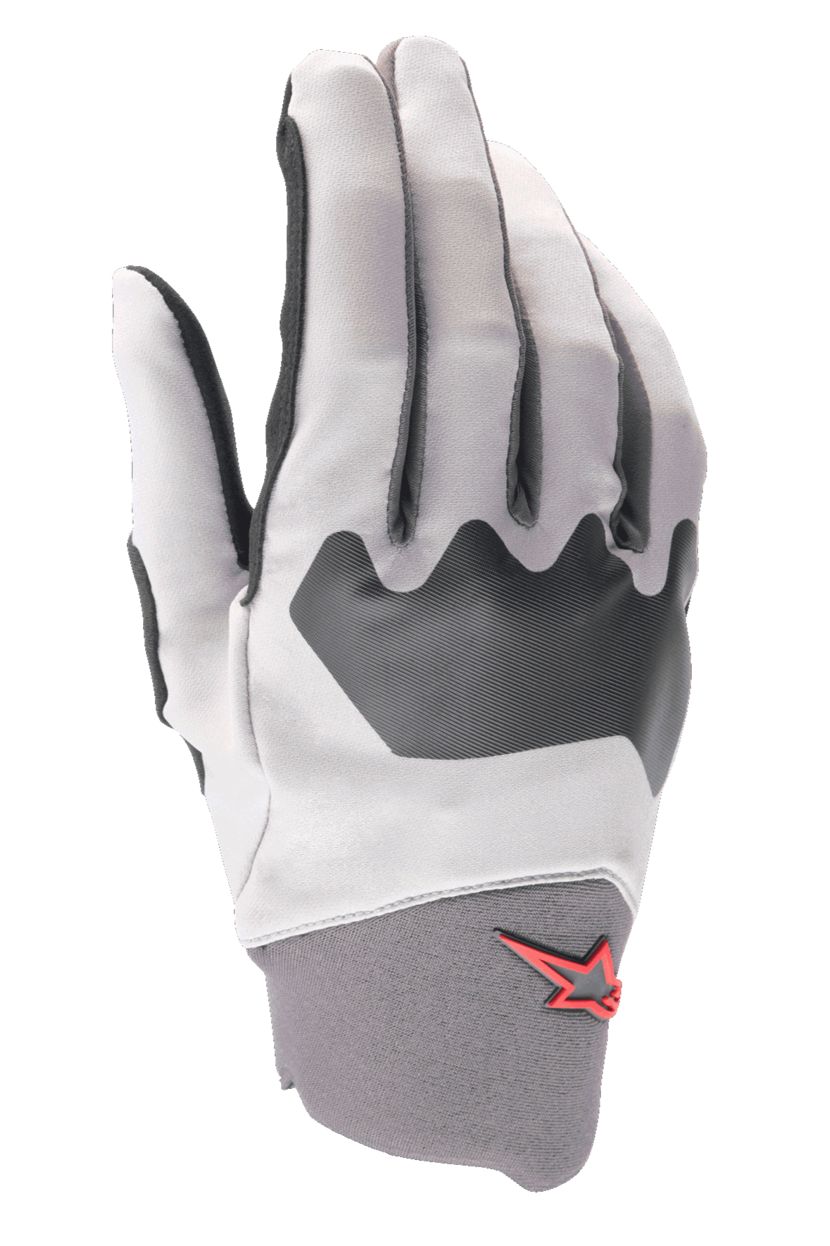 Alpinestars A-Supra handsker, mountainbikehandsker, lysegrå og sort, tekstureret knopanel, lille rødt stjernelogo på neoprenmanchetten, fleksibel spandex-konstruktion til cykling