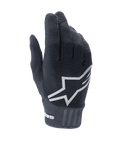 Alpinestars A-Dura handsker, sorte mountainbike-handsker, med et stort hvidt stjerne-logo på oversiden, struktureret stretch-stof og en bred neopren-manchet med branding, designet til off-road cykelperformance.