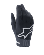Alpinestars A-Dura handsker, sorte mountainbike-handsker, med et stort hvidt stjerne-logo på oversiden, struktureret stretch-stof og en bred neopren-manchet med branding, designet til off-road cykelperformance.
