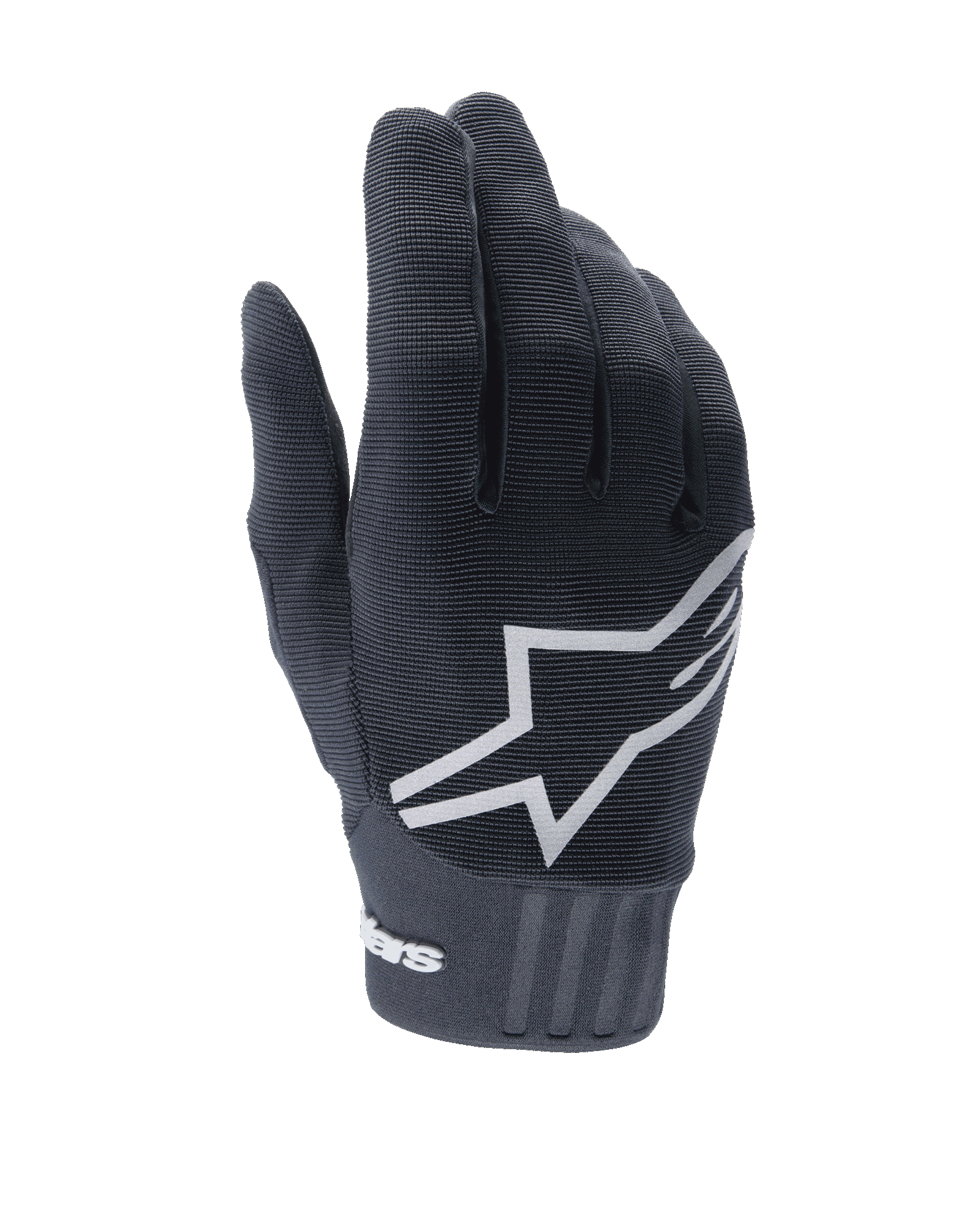 Alpinestars A-Dura handsker, sorte mountainbike-handsker, med et stort hvidt stjerne-logo på oversiden, struktureret stretch-stof og en bred neopren-manchet med branding, designet til off-road cykelperformance.