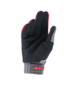 Alpinestars A-Dura handsker, mountainbikehandsker, Red Fluo og sort, håndfladevisning med syntetisk ruskind for greb, grå neoprenmanchet med burrebåndslukning og rød branding, off-road cykeludstyr