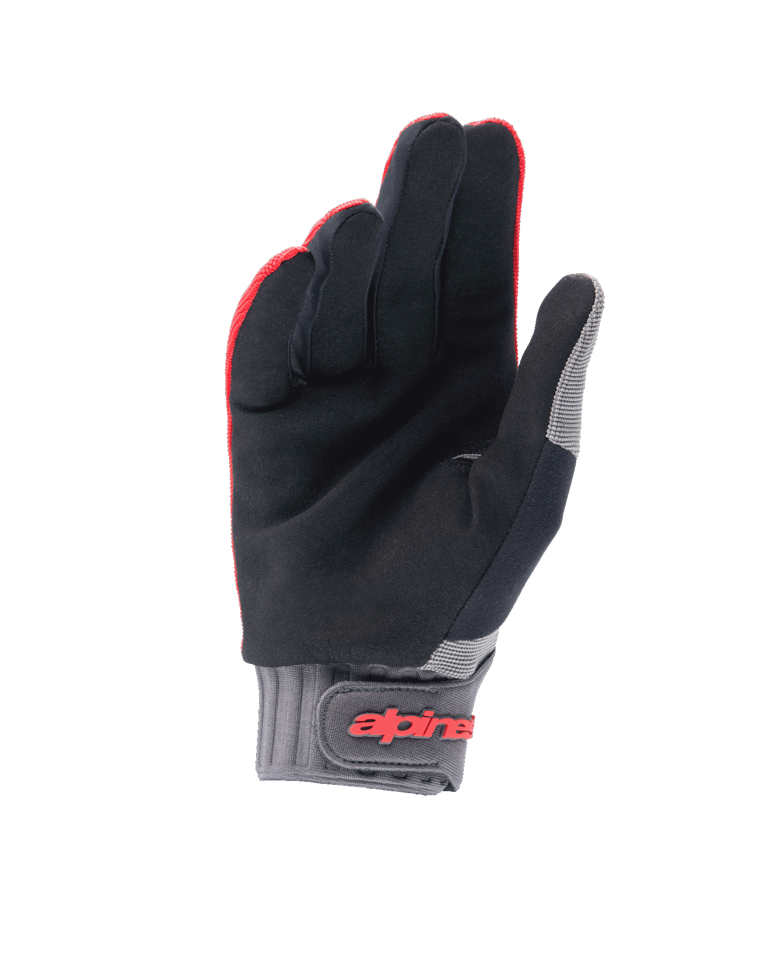 Alpinestars A-Dura handsker, mountainbikehandsker, Red Fluo og sort, håndfladevisning med syntetisk ruskind for greb, grå neoprenmanchet med burrebåndslukning og rød branding, off-road cykeludstyr