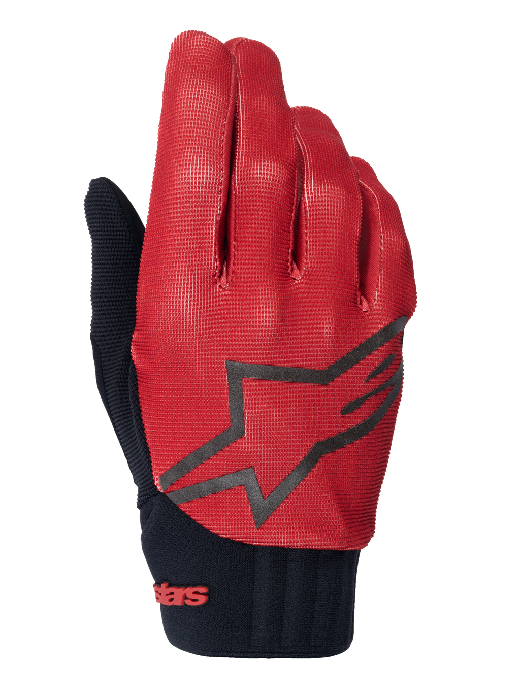Alpinestars A-Dura handsker, MTB-cykelhandsker, mørk orange og sort, overdel med tekstureret gittermønster, stort sort stjerne-logo, sort neoprenmanchet med rød branding, designet til mountainbike-greb og ydeevne