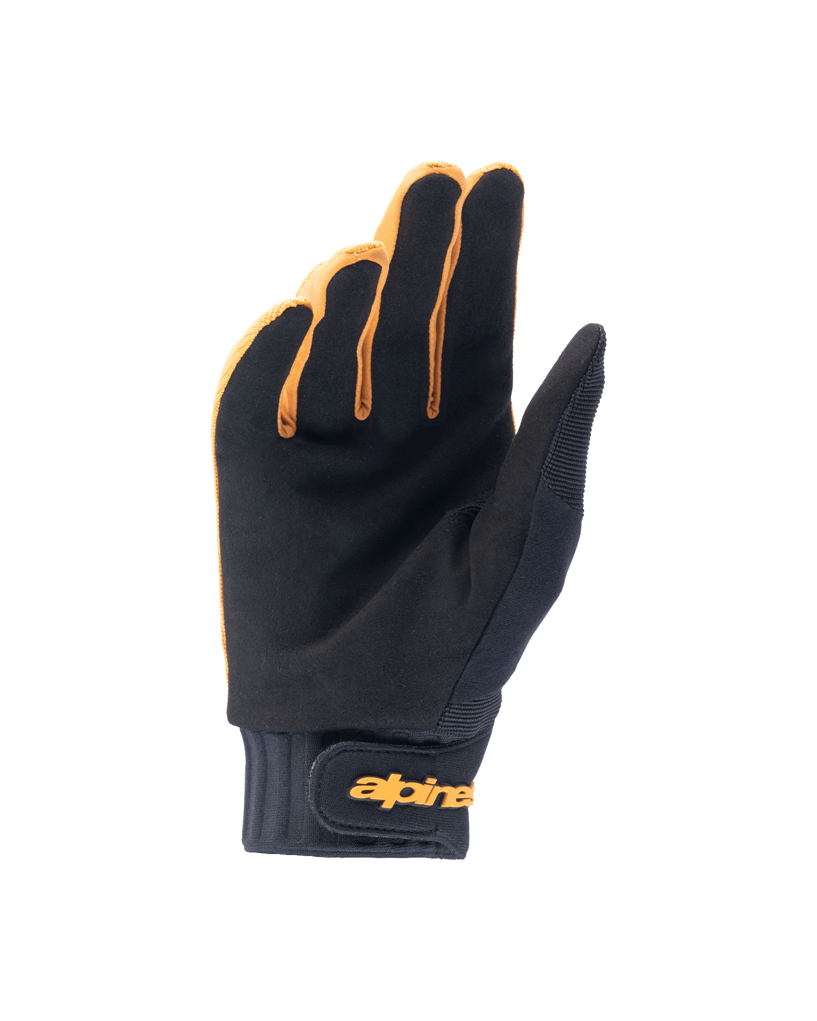 Alpinestars A-Dura handsker, mountainbike-handsker, mørk guld og sort, håndfladevisning med syntetisk ruskindsmateriale, neoprenmanchet med guld krog og løkke håndledsrem, designet til cykelgreb og mobilitet