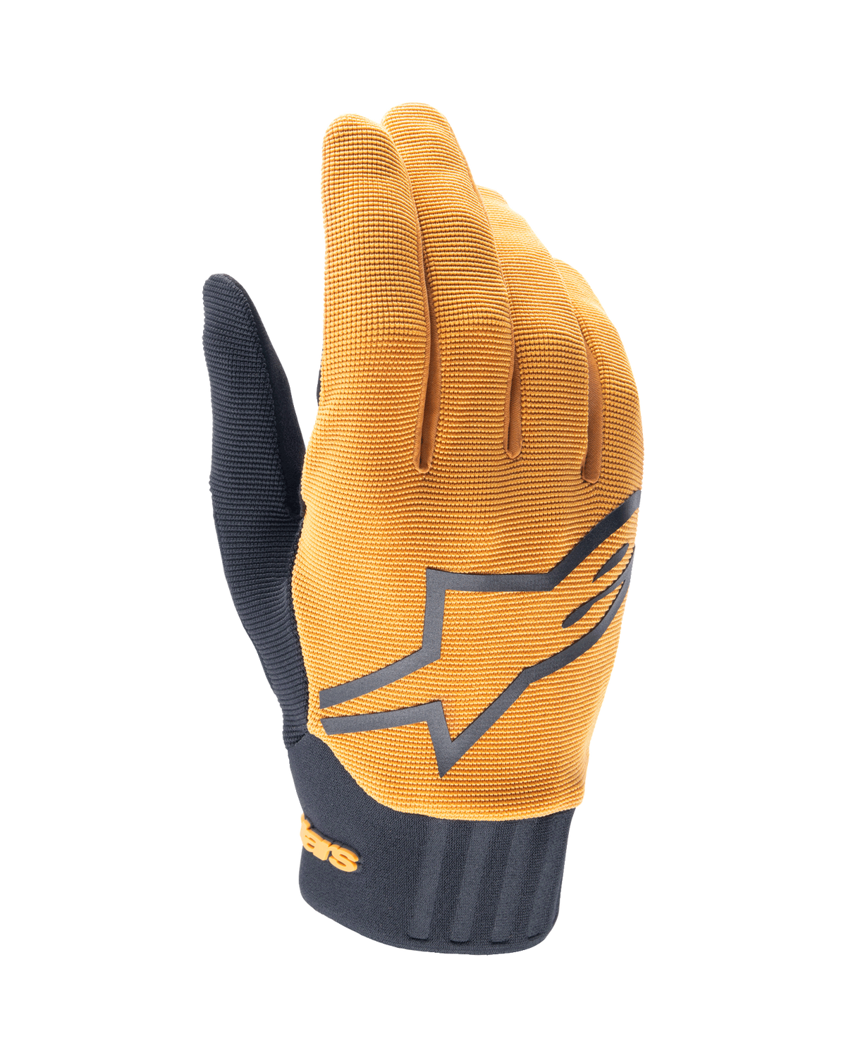 Alpinestars A-Dura Gloves, MTB Mountain Biking Gloves, Dark Gold and Black, textured gold fabric upper with a large grey Alpinestars logo, black neoprene cuff, designed for grip and mobility in off-road cycling