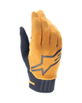 Alpinestars A-Dura handsker, MTB-mountainbikehandsker, mørk guld og sort, overdel i struktureret guldstof med et stort gråt Alpinestars-logo, sort neoprenmanchet, designet til greb og mobilitet ved off-road cykling